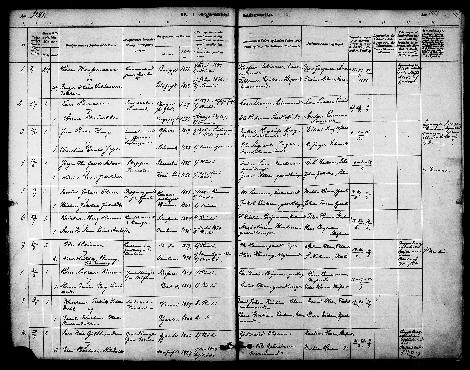Ministerialprotokoller, klokkerbøker og fødselsregistre - Nordland, SAT/A-1459/841/L0609: Parish register (official) no. 841A13, 1878-1902, p. 10