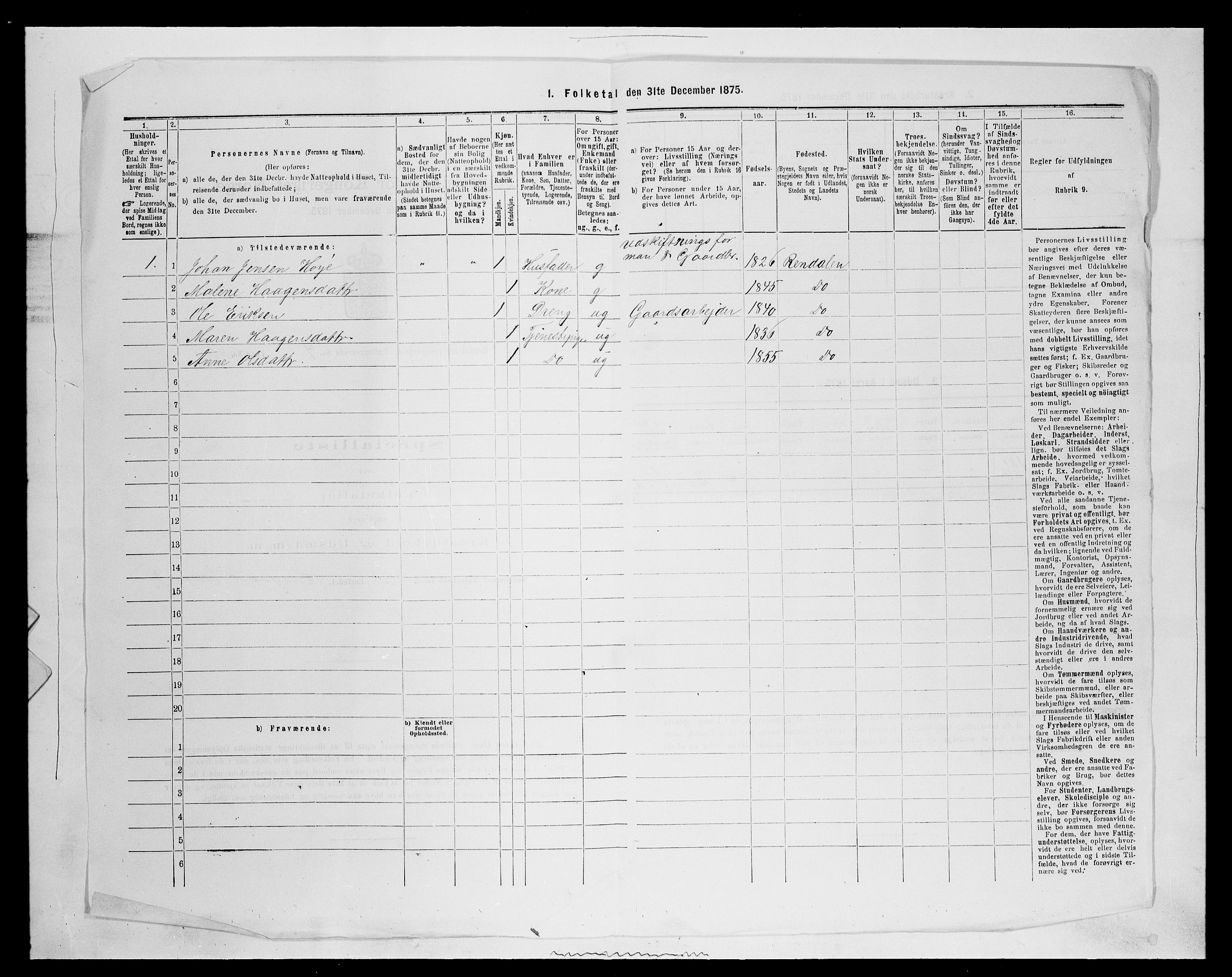 SAH, 1875 census for 0432P Rendalen, 1875, p. 700