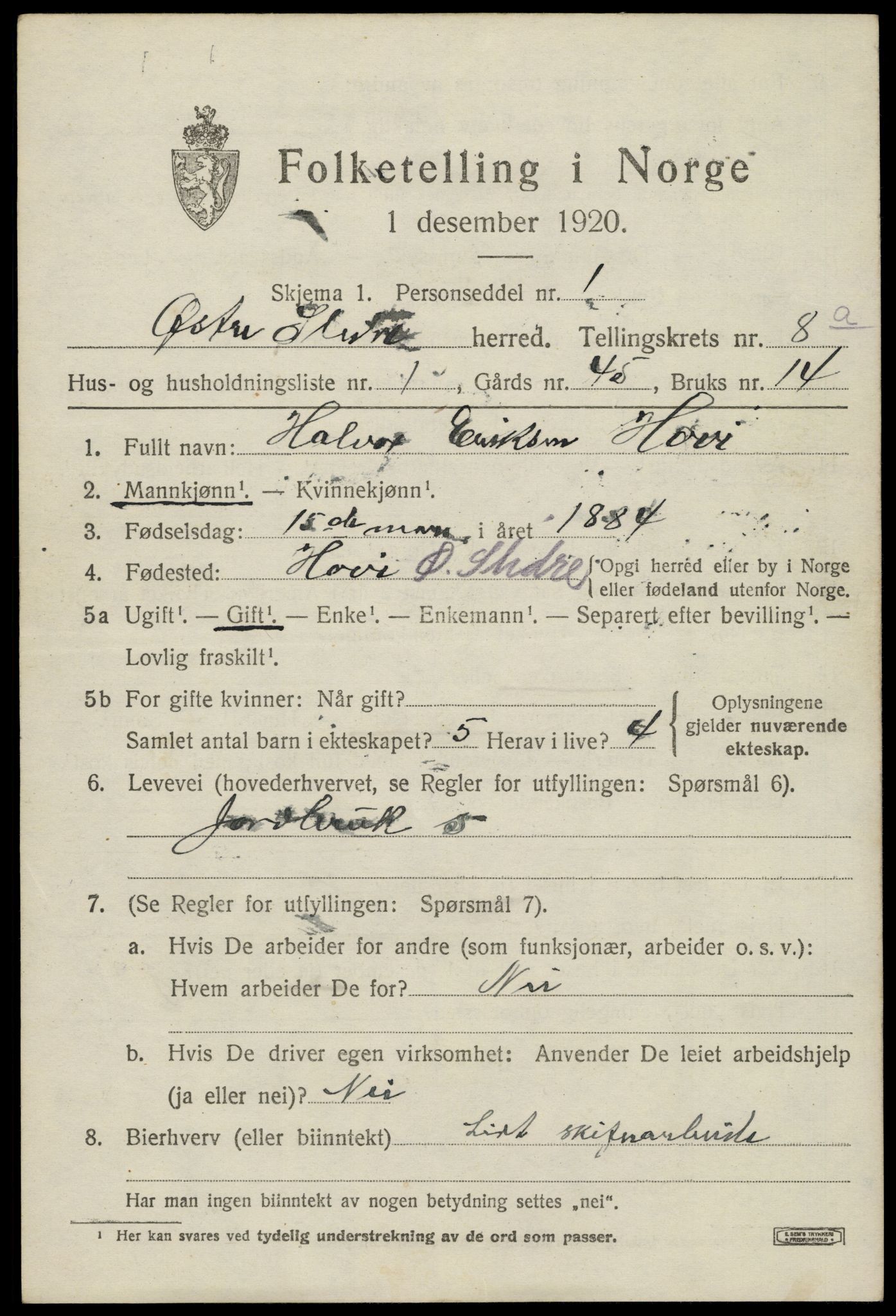 SAH, 1920 census for Øystre Slidre, 1920, p. 4761