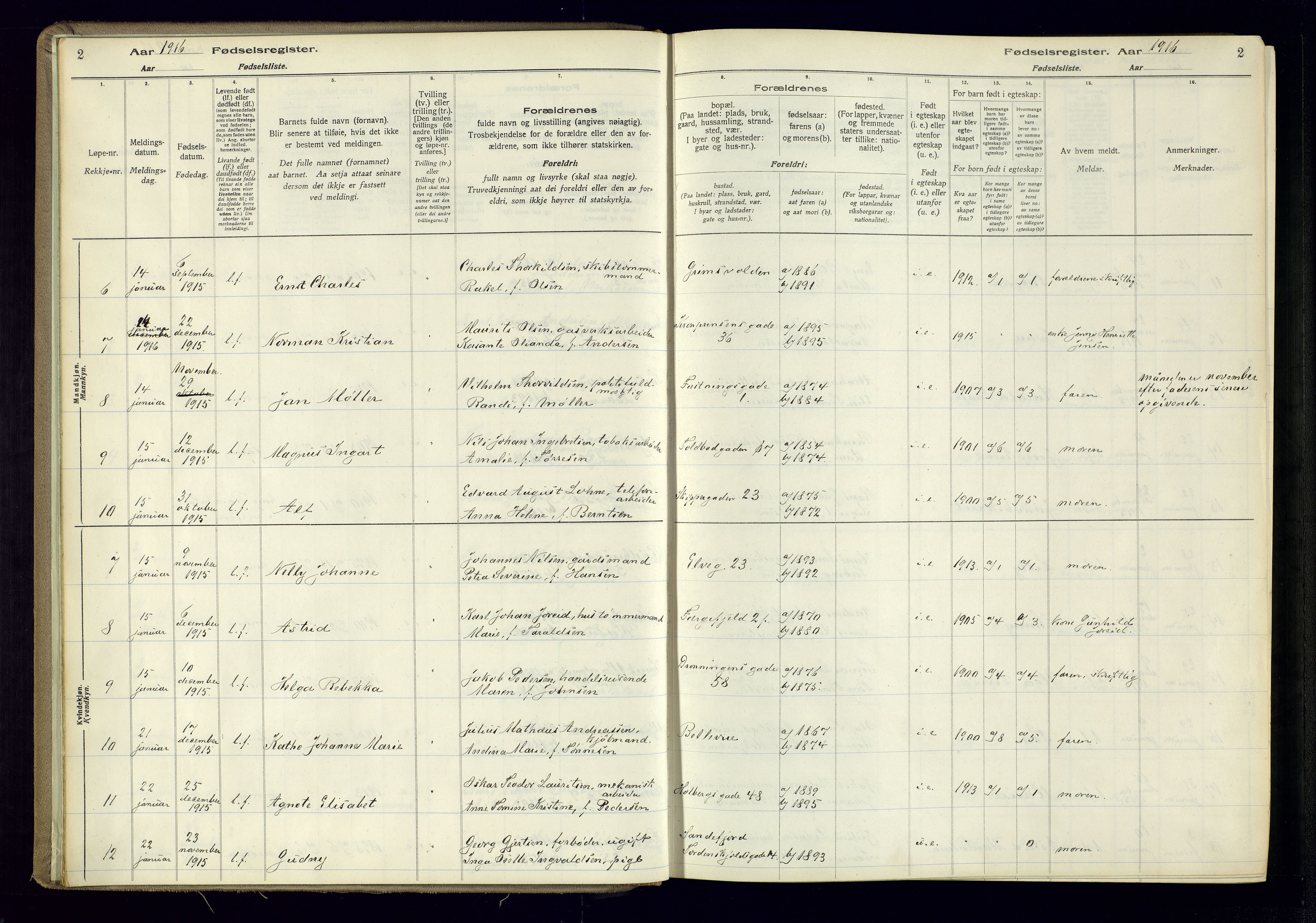 Kristiansand domprosti, AV/SAK-1112-0006/J/Jc/L0001: Birth register no. A-VI-45, 1916-1921, p. 2