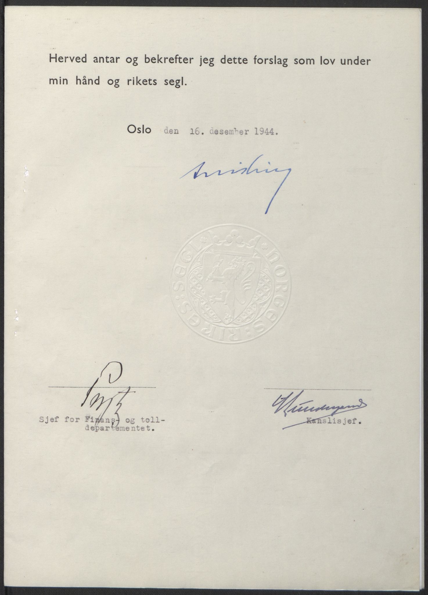 NS-administrasjonen 1940-1945 (Statsrådsekretariatet, de kommisariske statsråder mm), AV/RA-S-4279/D/Db/L0100: Lover, 1944, p. 650