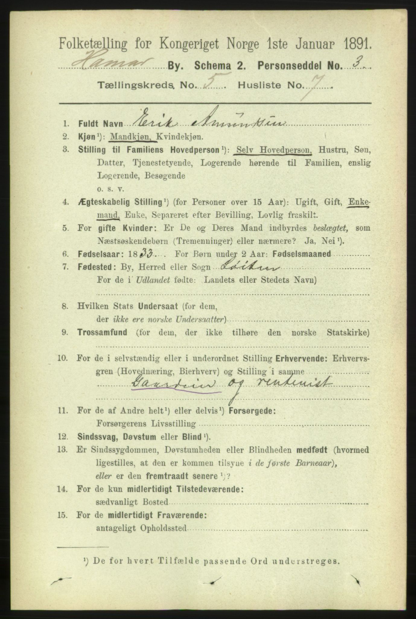 RA, 1891 census for 0401 Hamar, 1891, p. 3765