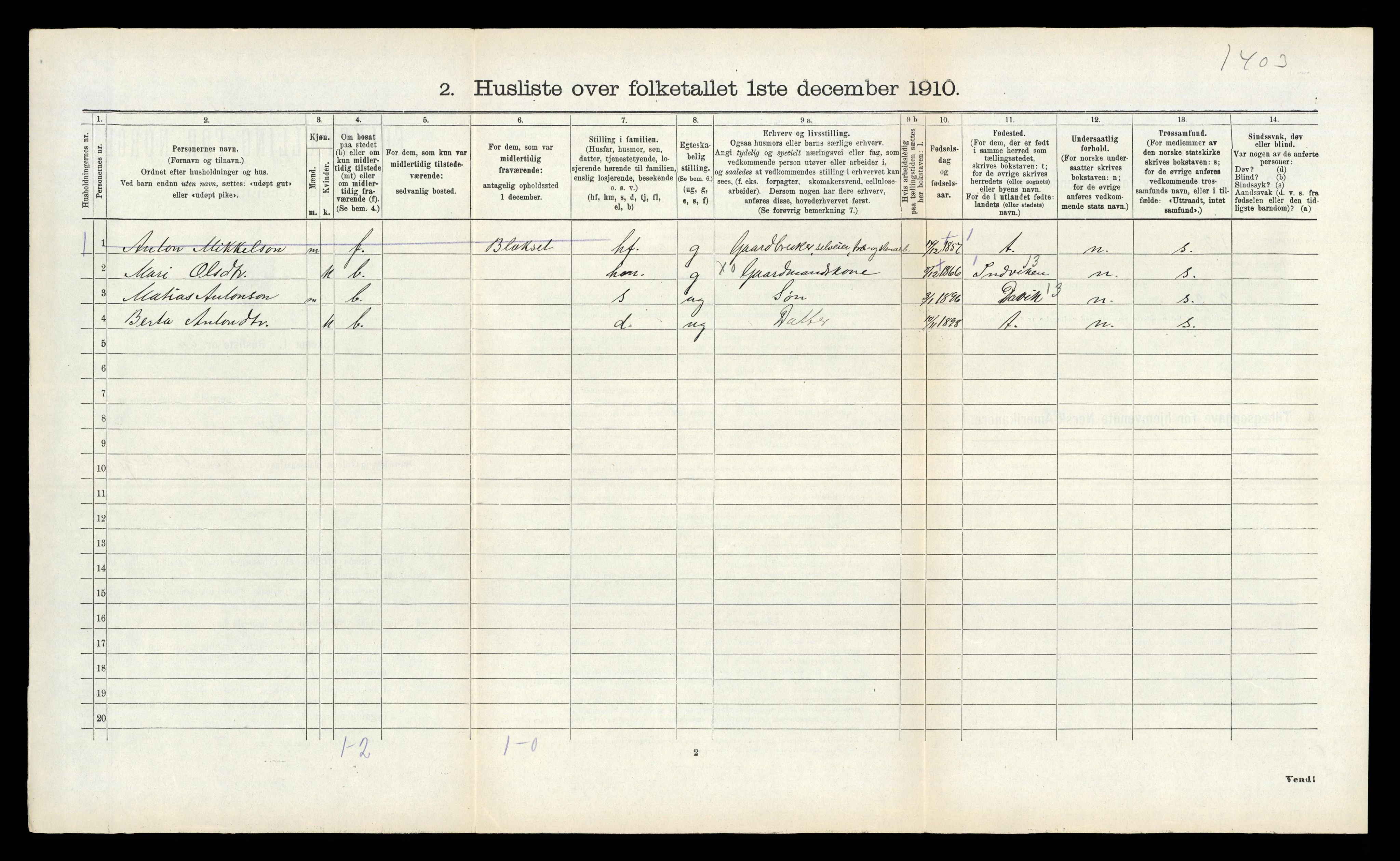 RA, 1910 census for Gloppen, 1910, p. 655