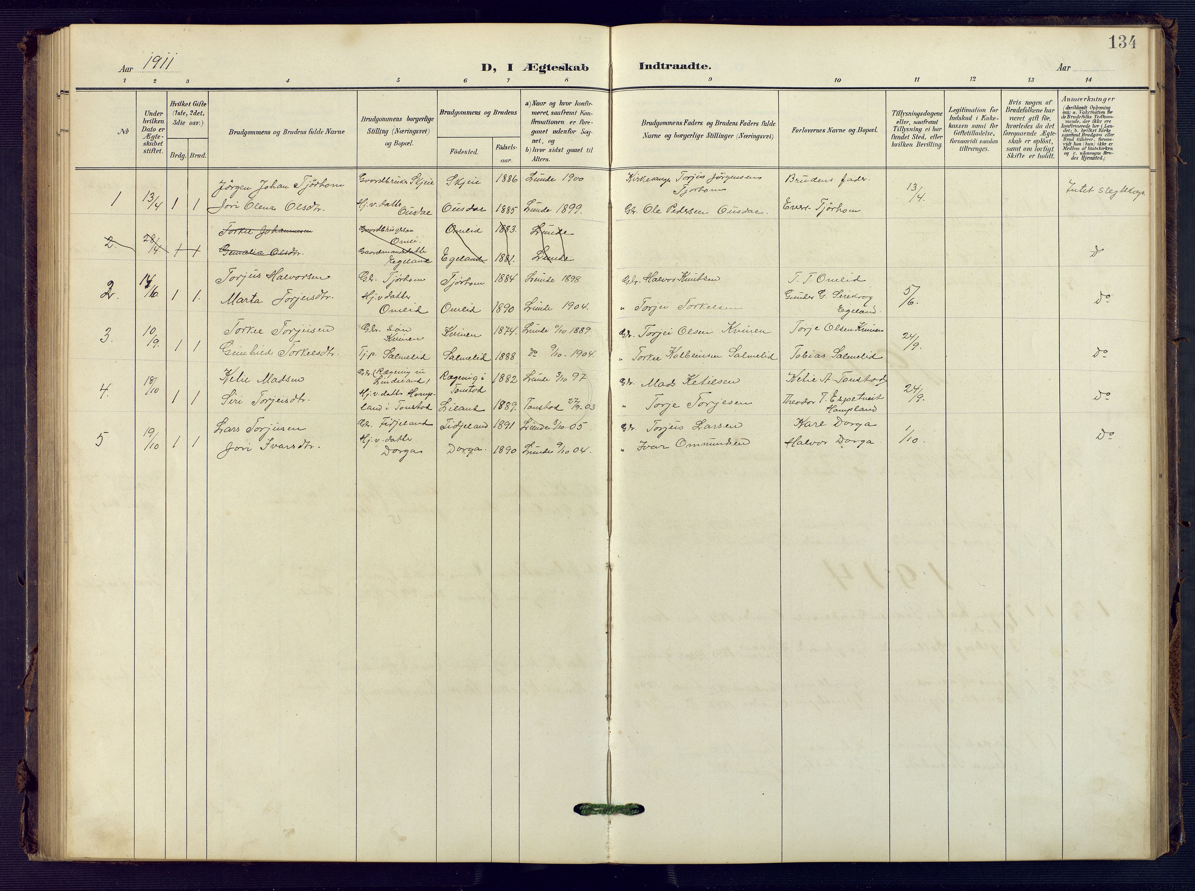 Sirdal sokneprestkontor, SAK/1111-0036/F/Fb/Fba/L0002: Parish register (copy) no. B 2, 1905-1958, p. 134