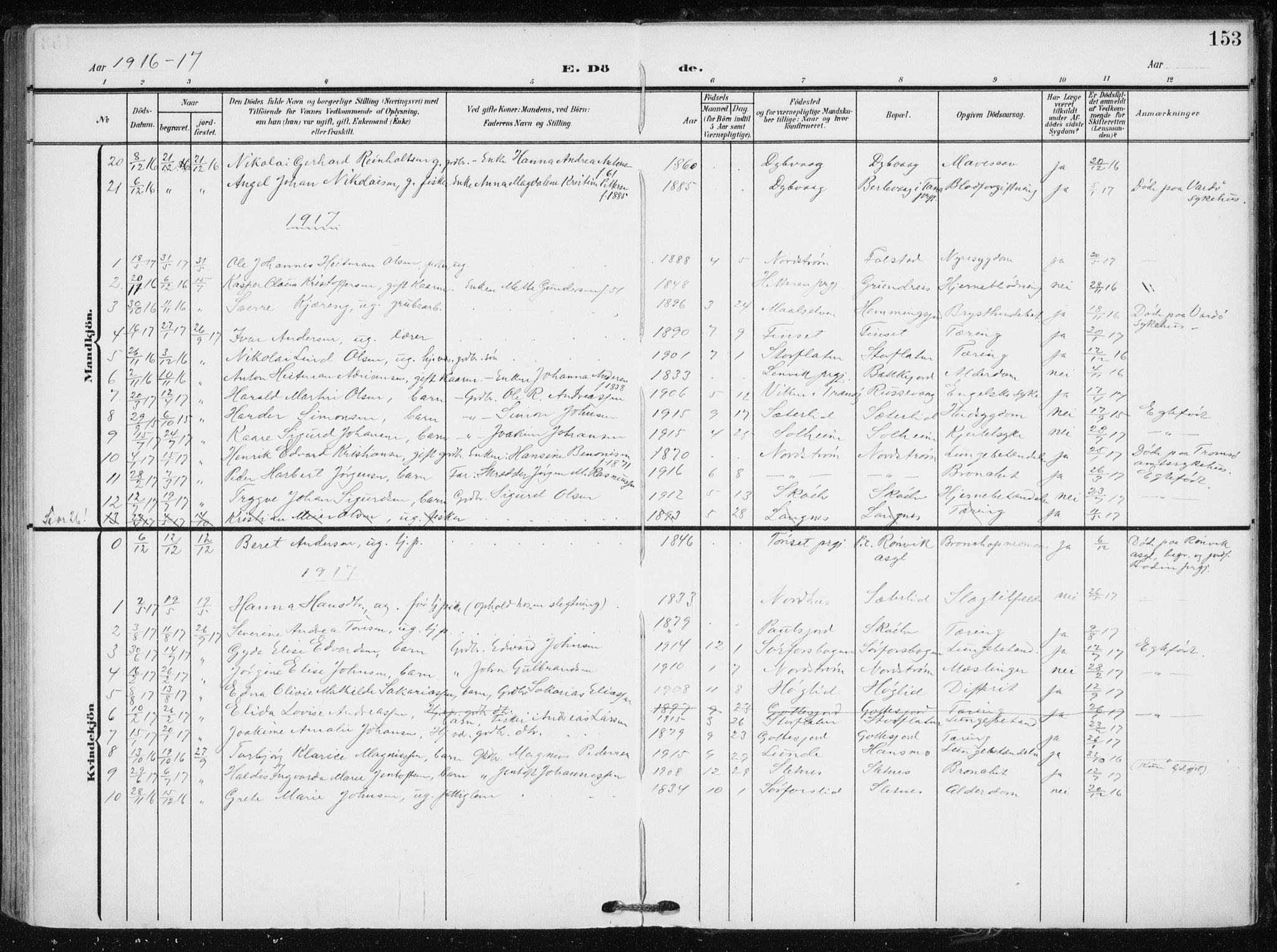 Tranøy sokneprestkontor, SATØ/S-1313/I/Ia/Iaa/L0012kirke: Parish register (official) no. 12, 1905-1918, p. 153