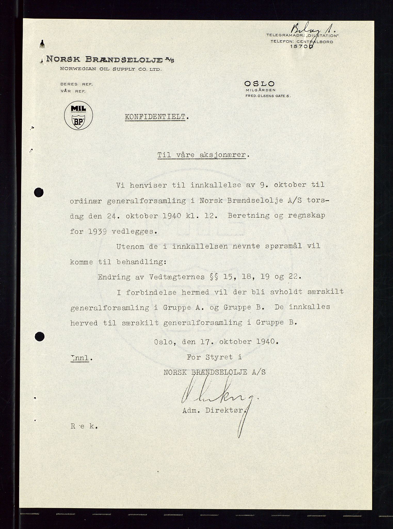 PA 1544 - Norsk Brændselolje A/S, AV/SAST-A-101965/1/A/Aa/L0004/0001: Generalforsamling / Ekstraordinær generalforsamling. Generalforsamling , 1940, p. 18