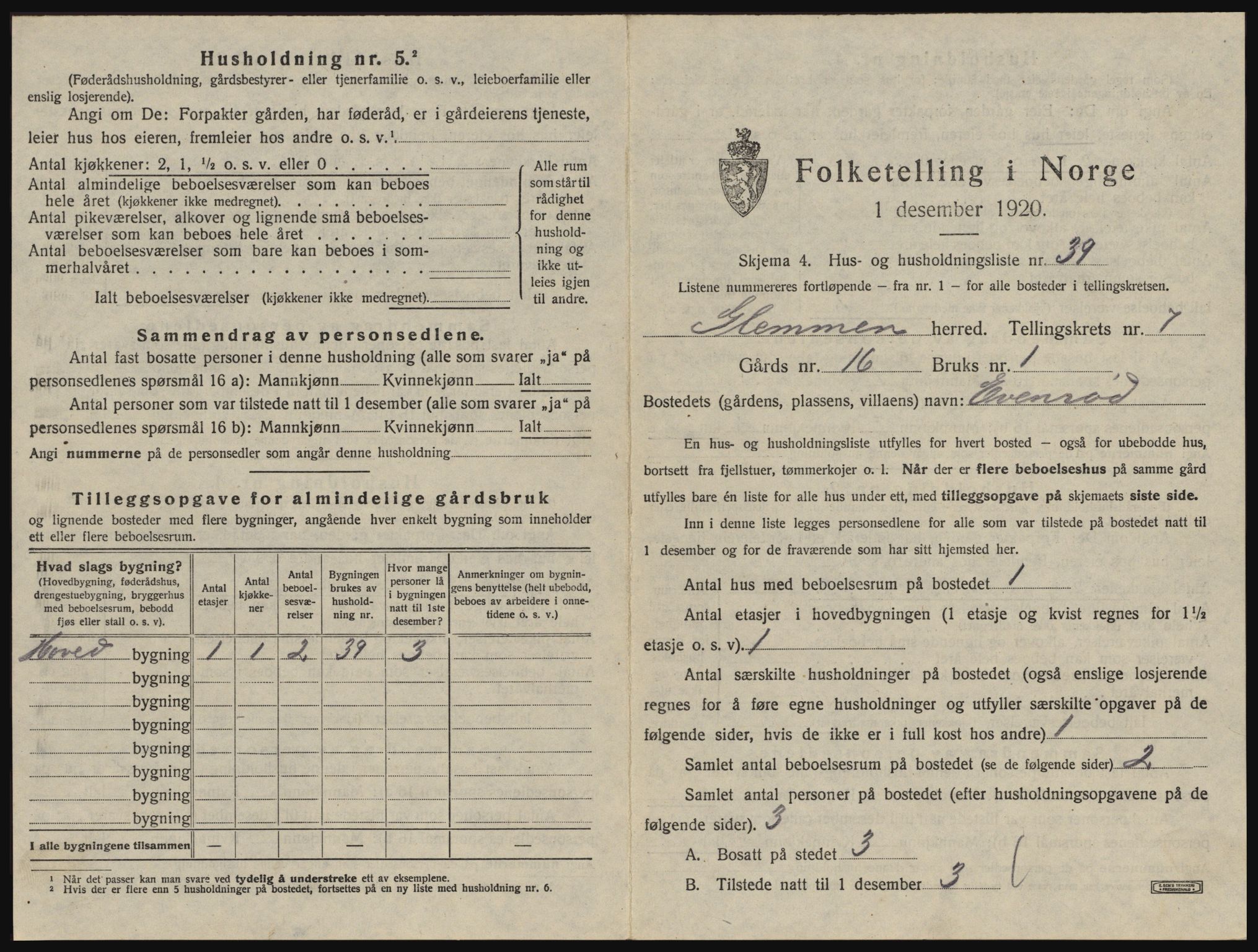 SAO, 1920 census for Glemmen, 1920, p. 2833