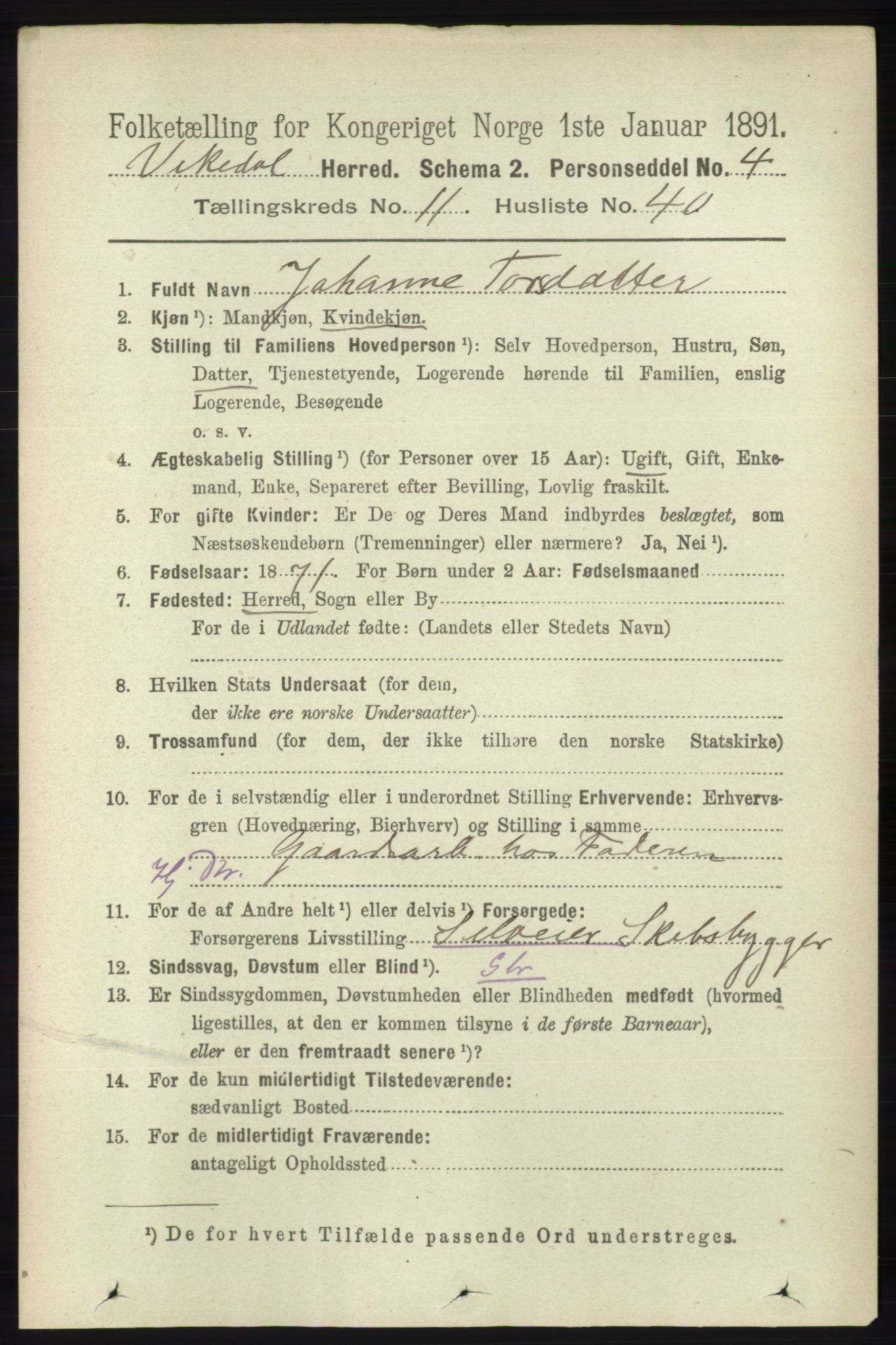 RA, 1891 census for 1157 Vikedal, 1891, p. 3091