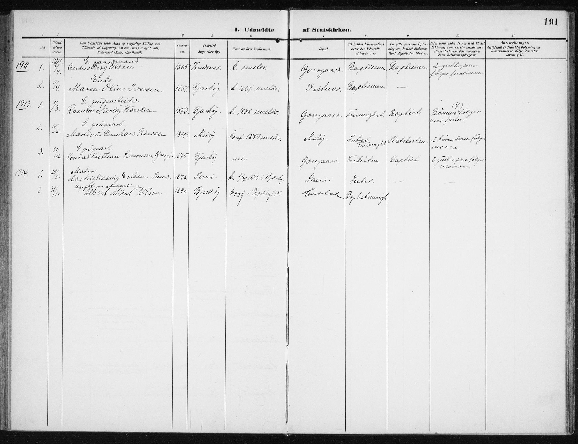 Sand/Bjarkøy sokneprestkontor, AV/SATØ-S-0811/I/Ia/Iaa/L0005kirke: Parish register (official) no. 5, 1905-1914, p. 191