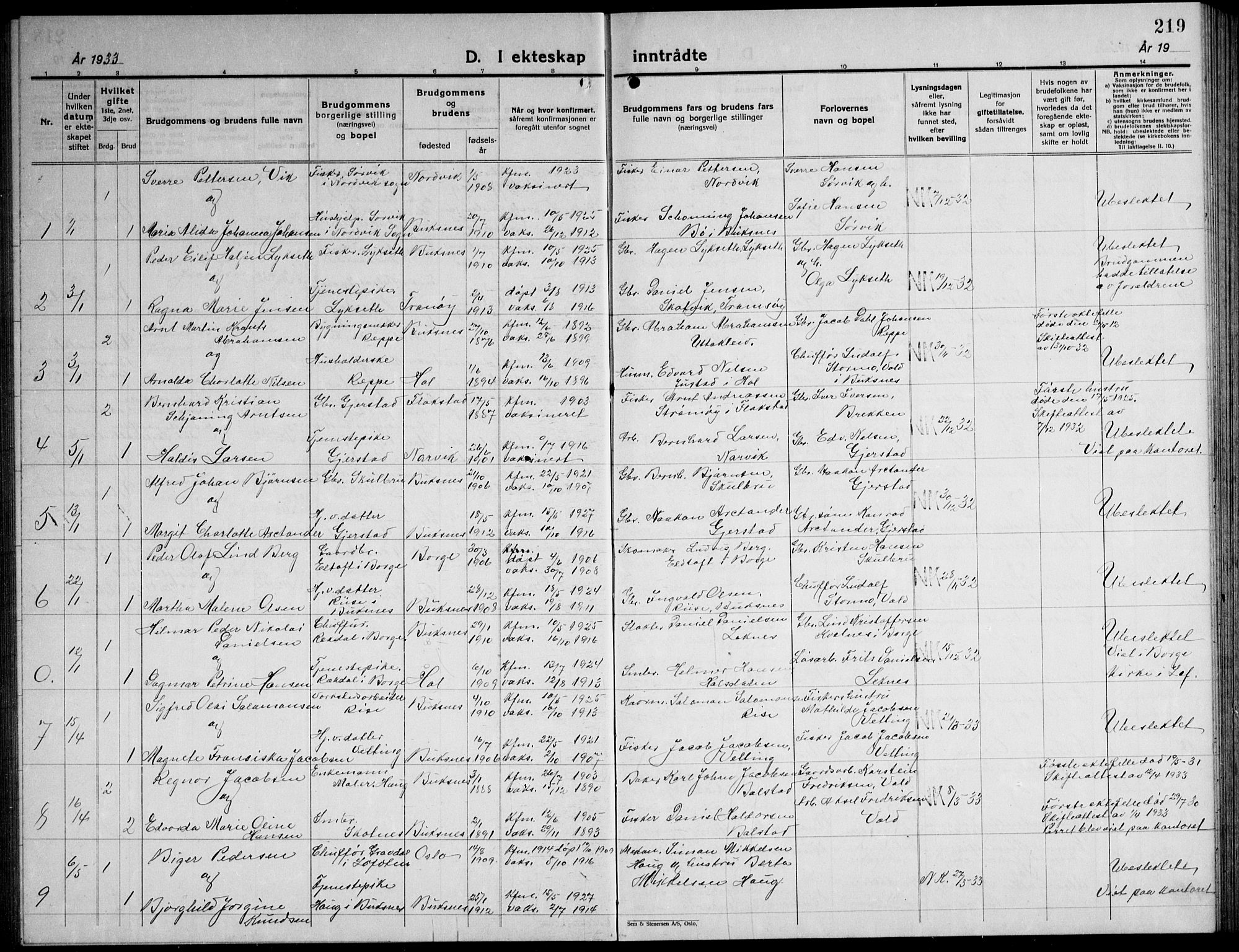 Ministerialprotokoller, klokkerbøker og fødselsregistre - Nordland, AV/SAT-A-1459/881/L1170: Parish register (copy) no. 881C07, 1930-1943, p. 219
