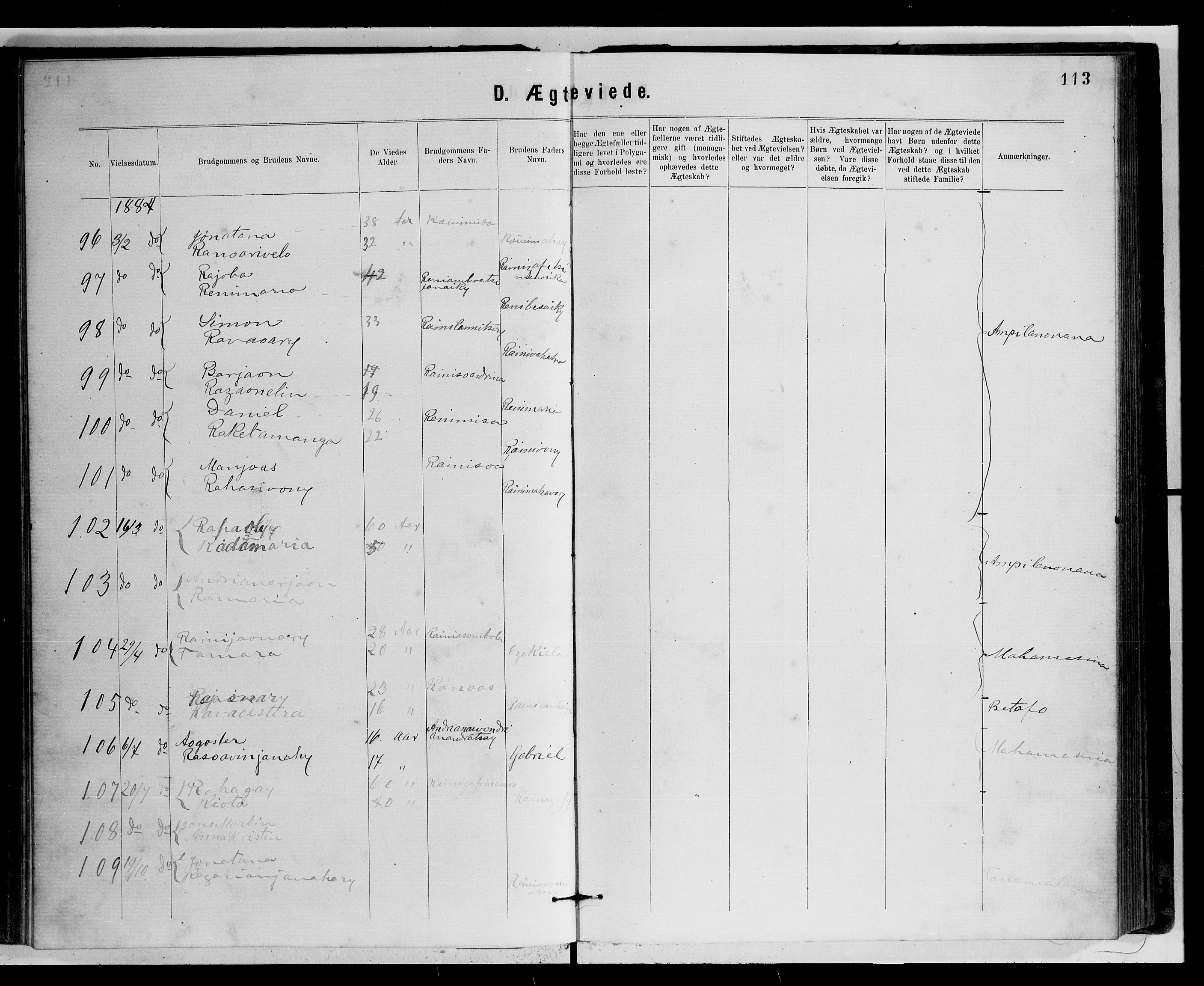 Archives FLM/NMS, Madagaskar, VID/MA-A-1163/D/Db/L0269: Parish register (official) no. 1, 1867-1884, p. 113