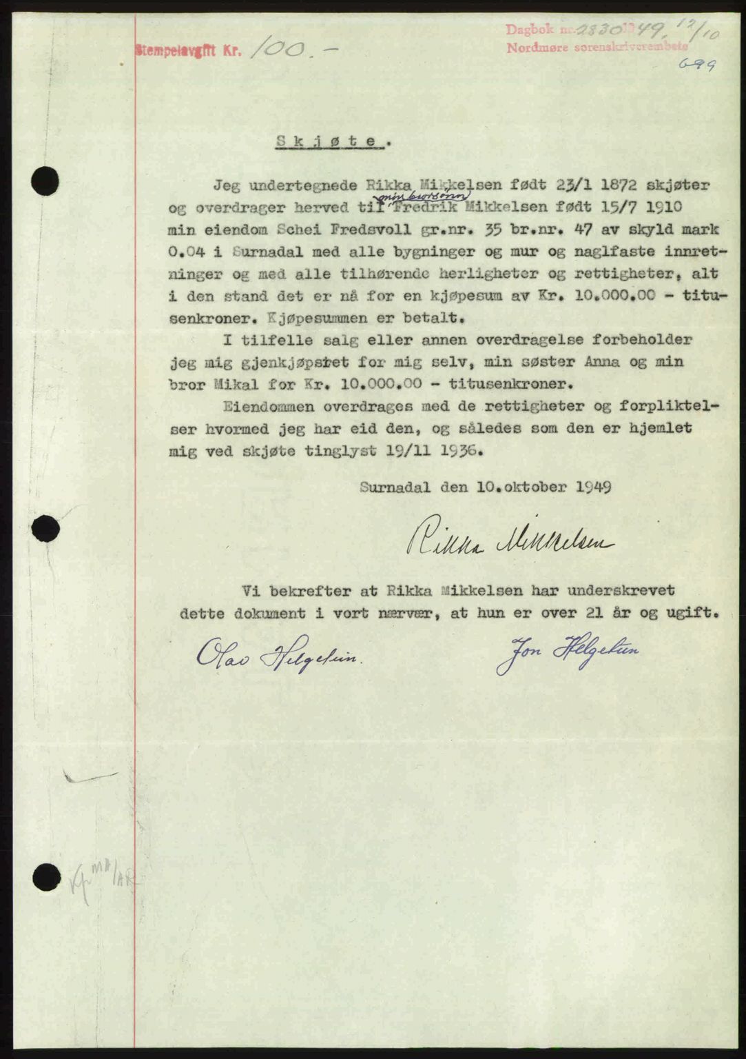 Nordmøre sorenskriveri, AV/SAT-A-4132/1/2/2Ca: Mortgage book no. A112, 1949-1949, Diary no: : 2830/1949