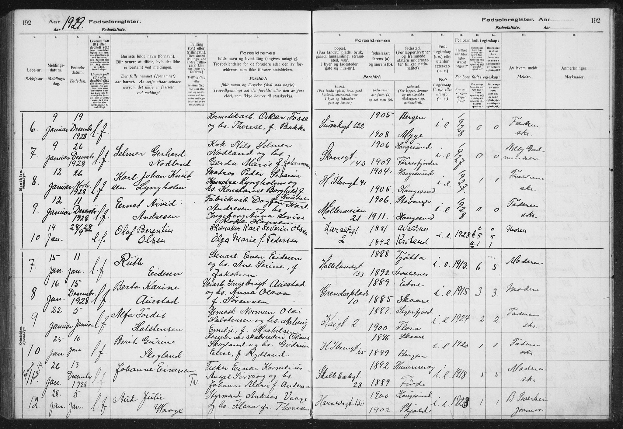 Haugesund sokneprestkontor, AV/SAST-A -101863/I/Id/L0005: Birth register no. 3, 1923-1929, p. 192