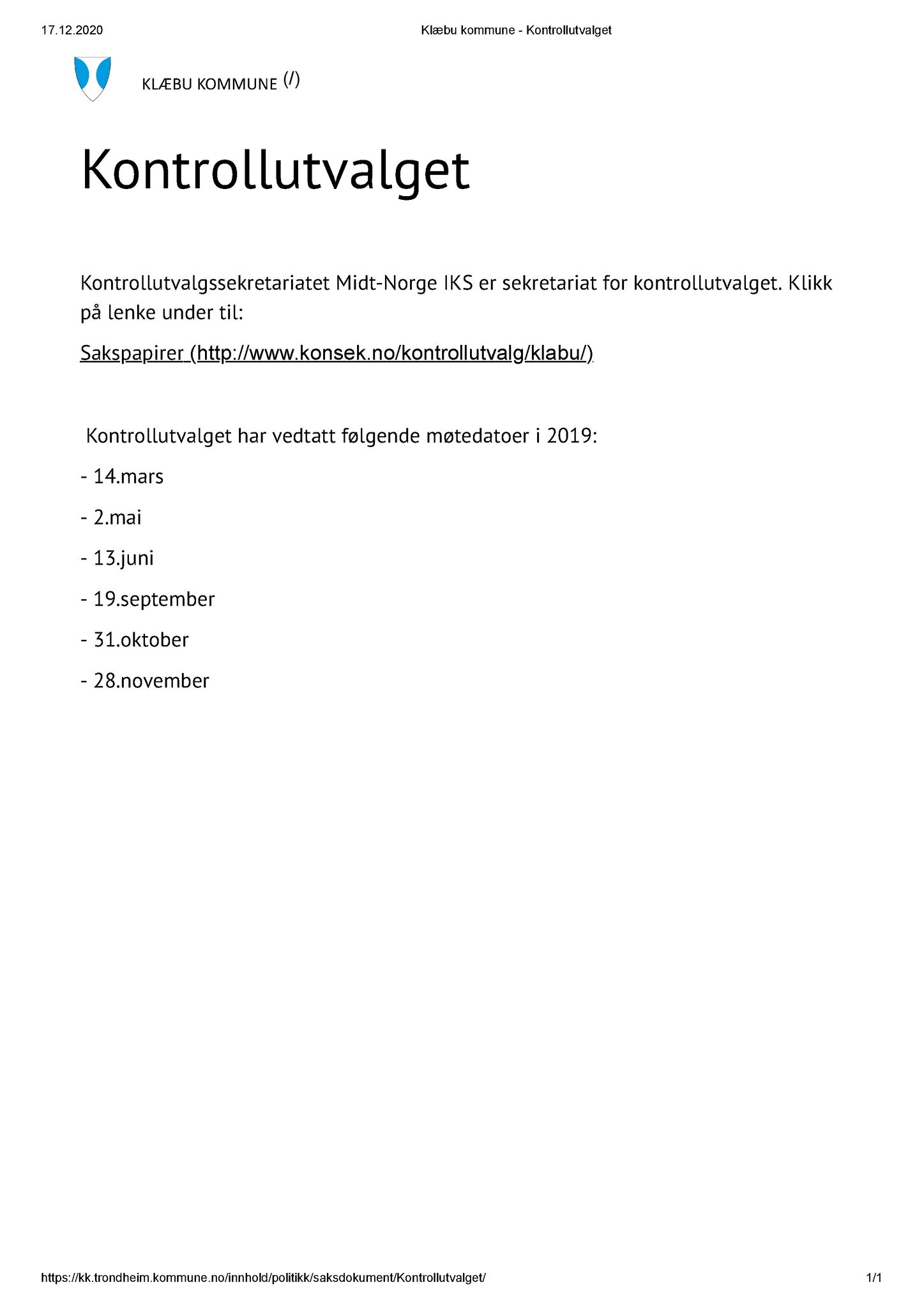 Klæbu Kommune, TRKO/KK/03-KU/L001: Kontrollutvalget - Møteoversikt, 2019, p. 1