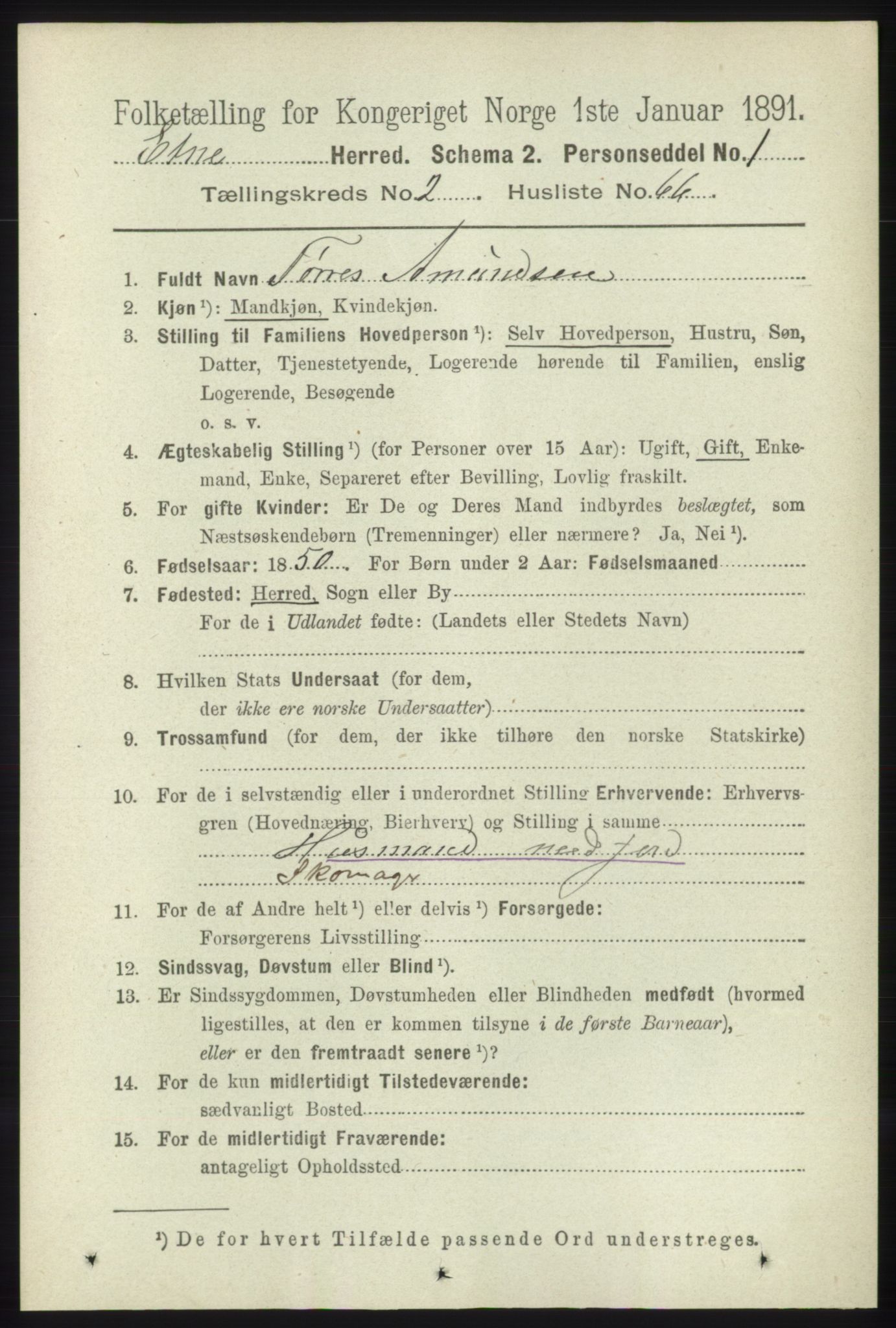 RA, 1891 census for 1211 Etne, 1891, p. 651