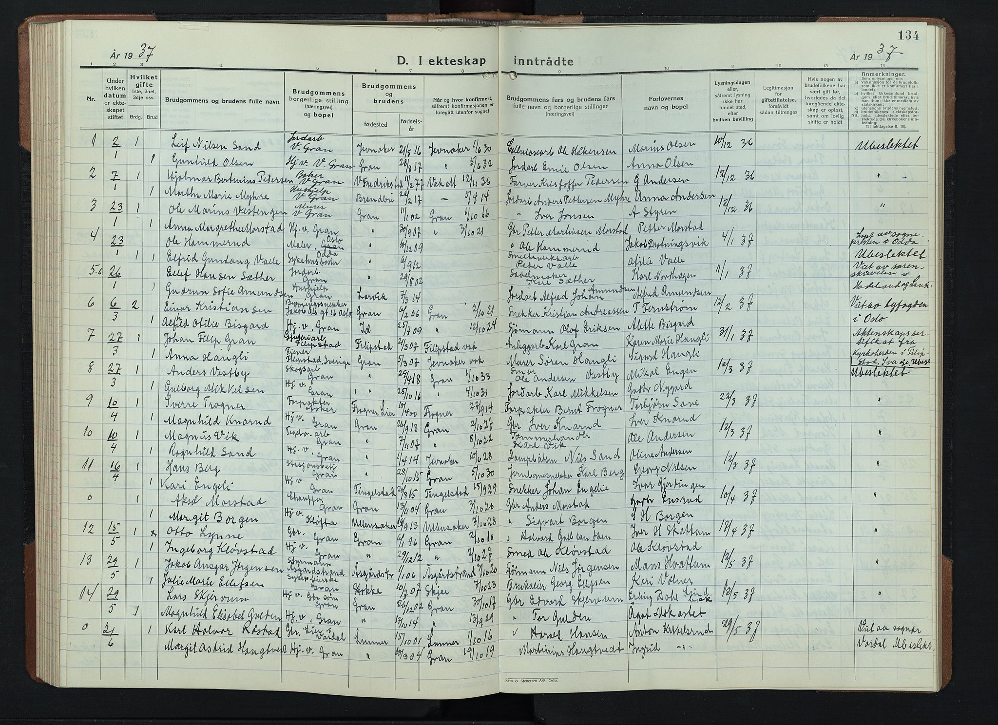 Gran prestekontor, SAH/PREST-112/H/Ha/Hab/L0009: Parish register (copy) no. 9, 1933-1950, p. 134