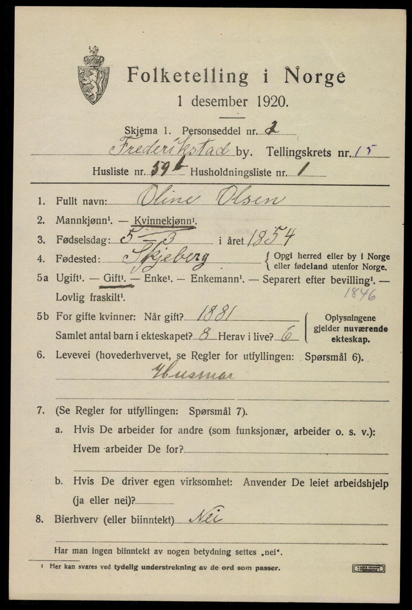 SAO, 1920 census for Fredrikstad, 1920, p. 36219