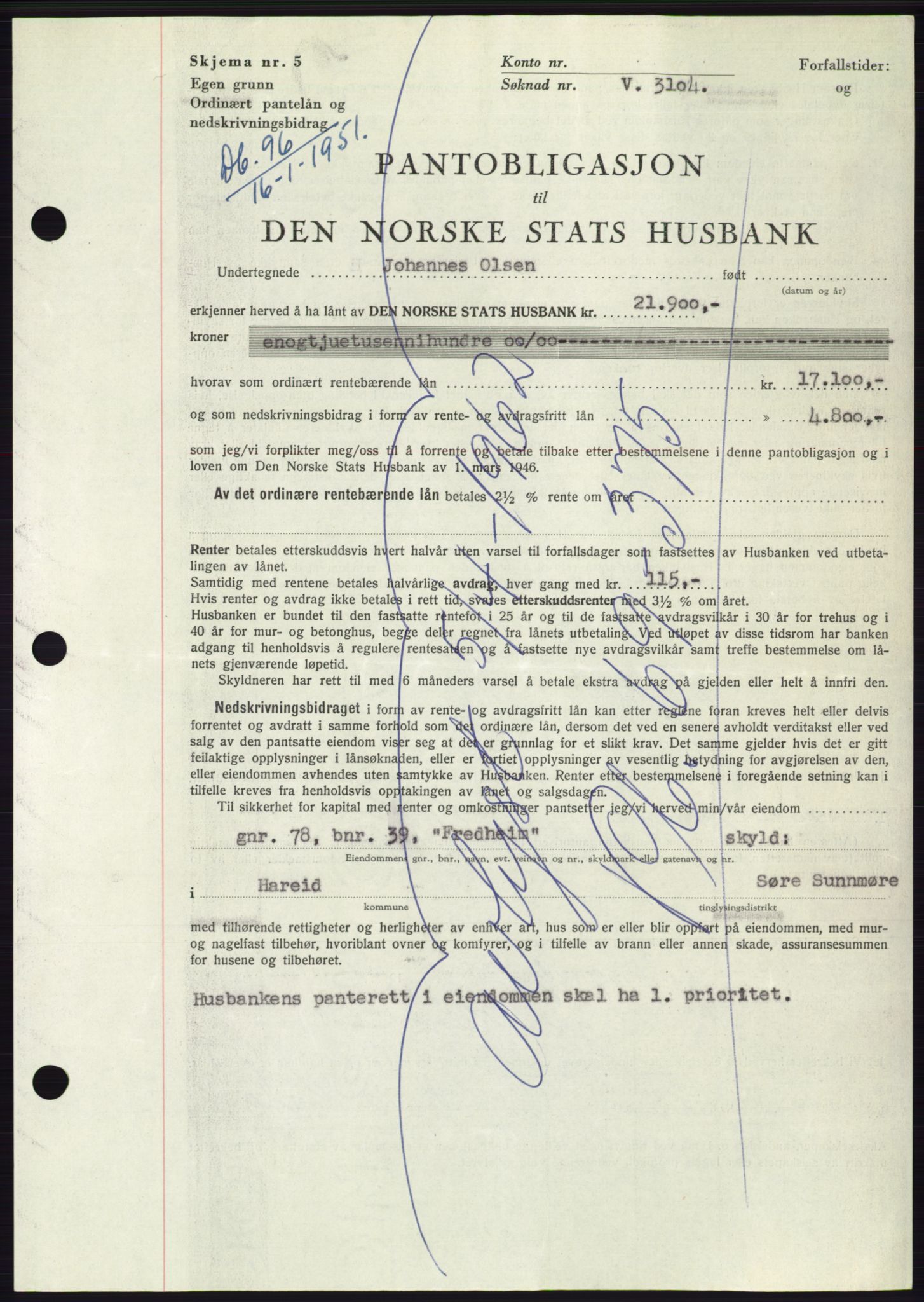 Søre Sunnmøre sorenskriveri, AV/SAT-A-4122/1/2/2C/L0119: Mortgage book no. 7B, 1950-1951, Diary no: : 96/1951