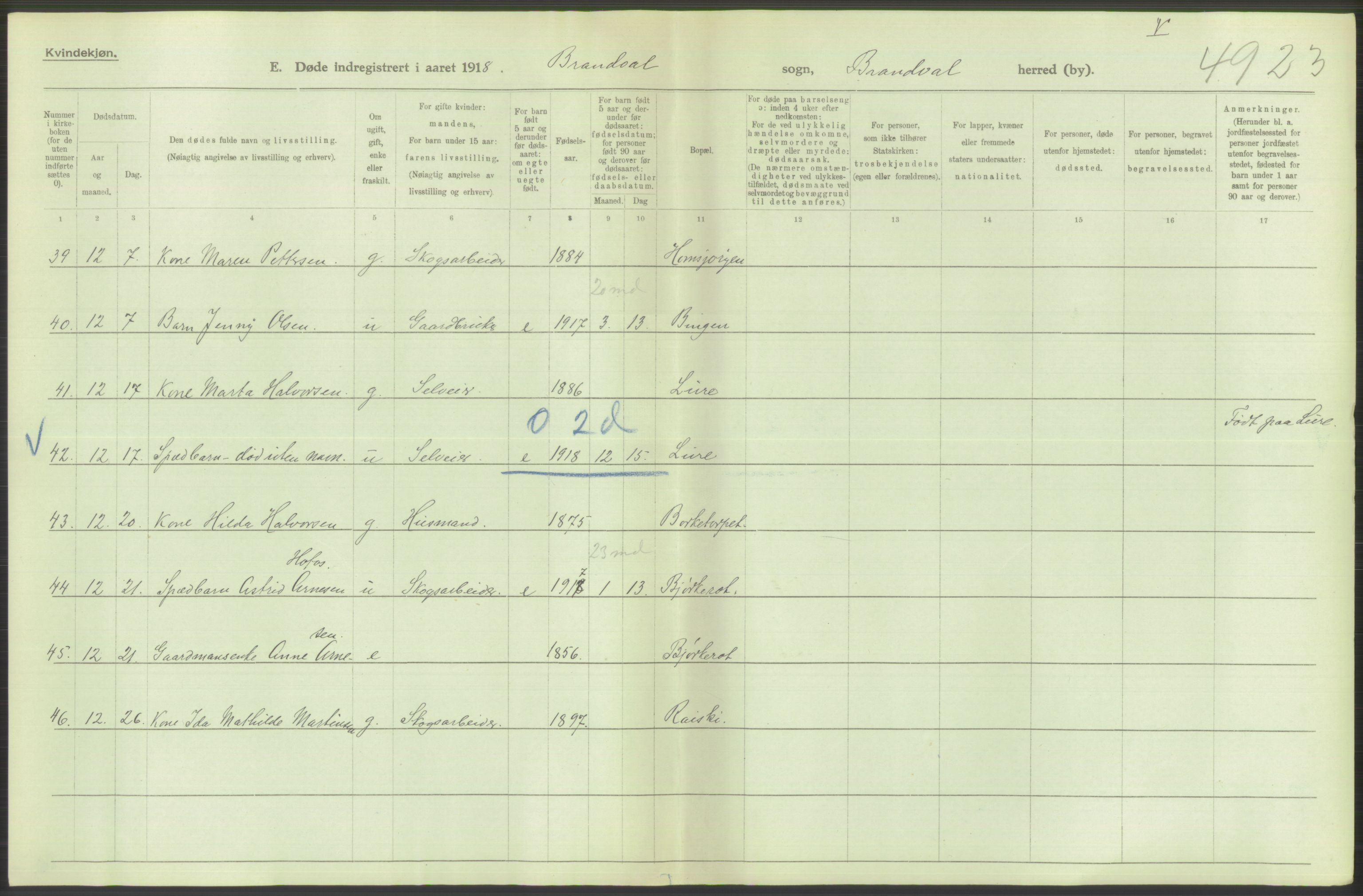 Statistisk sentralbyrå, Sosiodemografiske emner, Befolkning, RA/S-2228/D/Df/Dfb/Dfbh/L0014: Hedemarkens fylke: Døde. Bygder og byer., 1918, p. 58