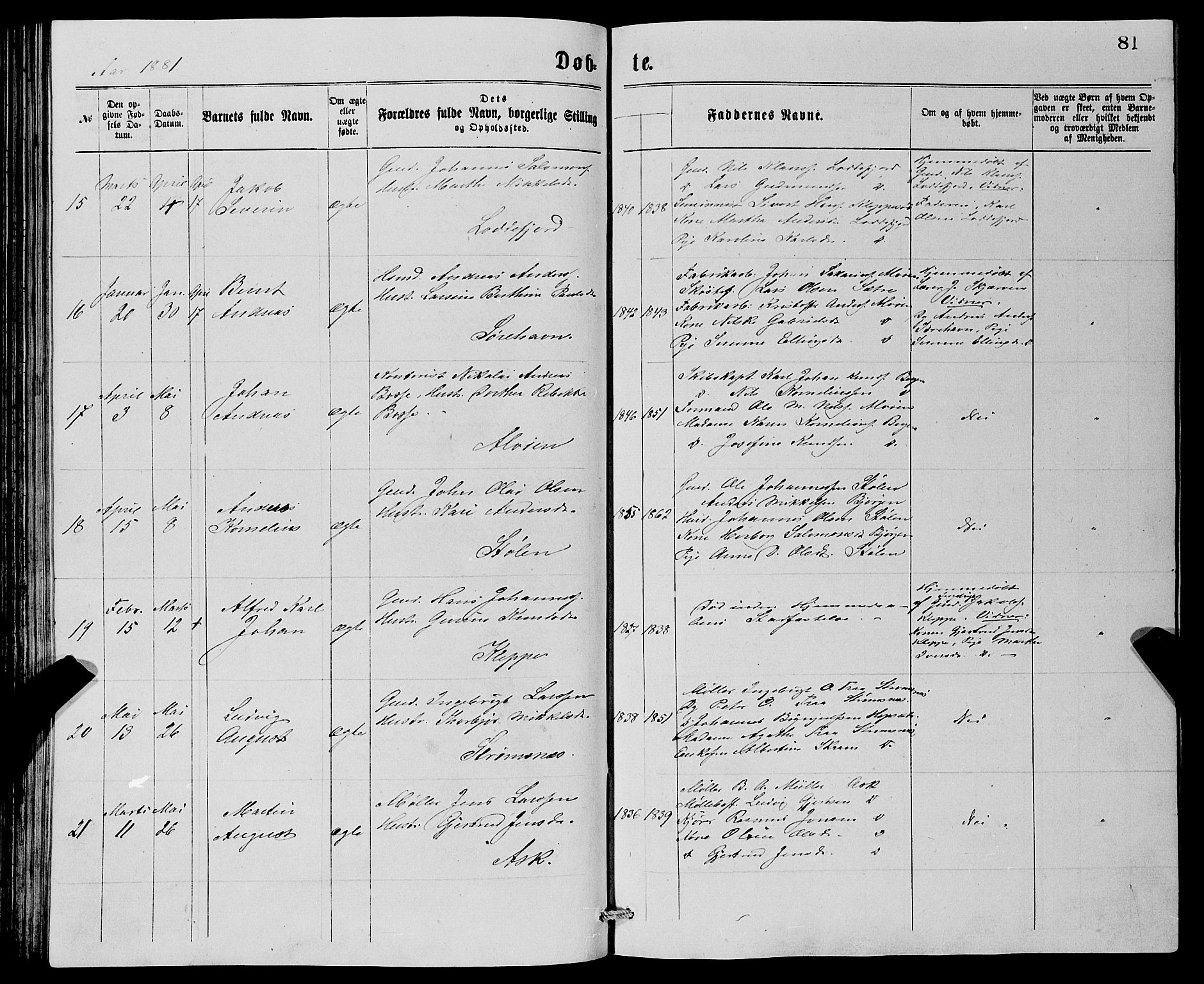 Askøy Sokneprestembete, AV/SAB-A-74101/H/Ha/Hab/Haba/L0007: Parish register (copy) no. A 7, 1871-1881, p. 81