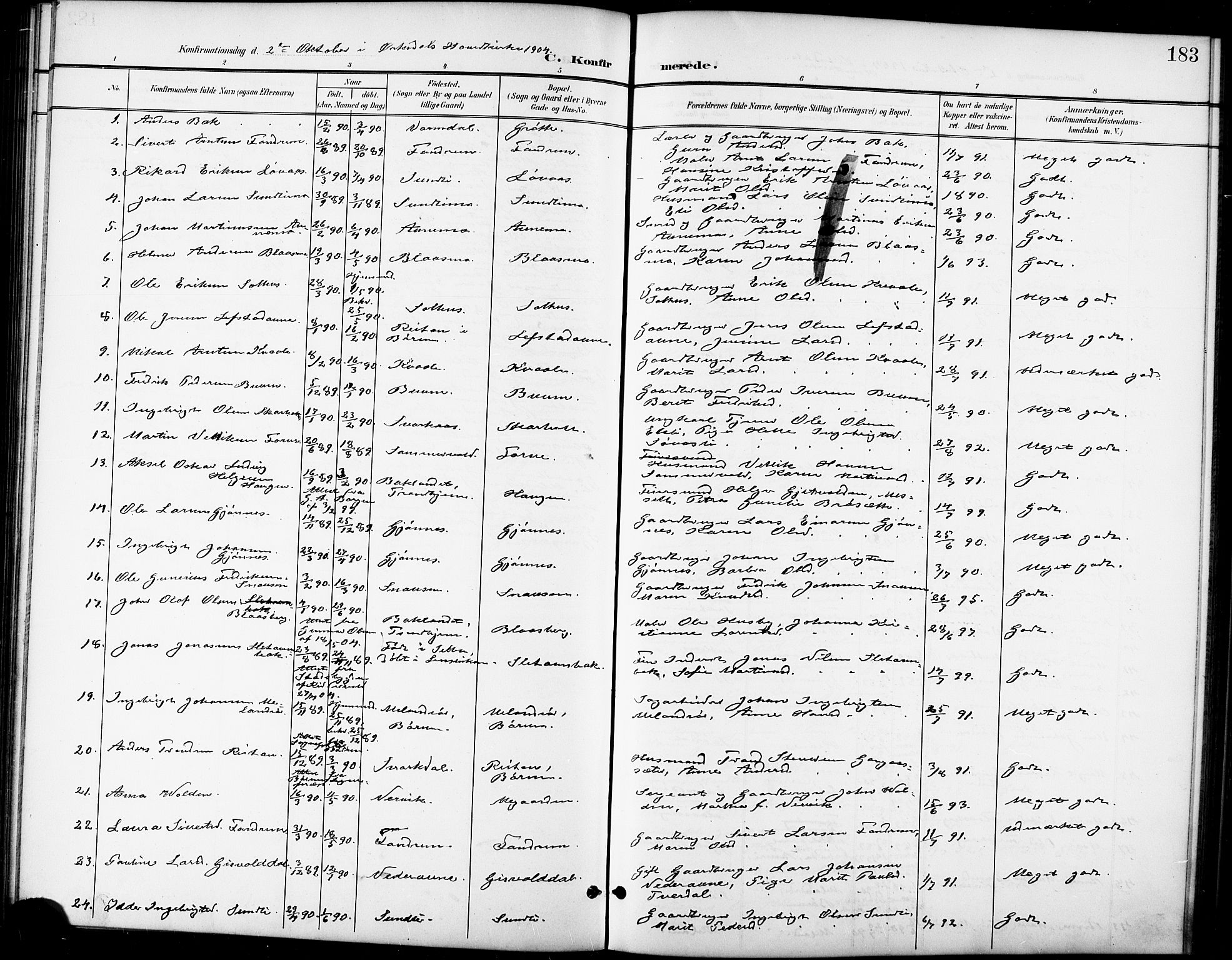 Ministerialprotokoller, klokkerbøker og fødselsregistre - Sør-Trøndelag, SAT/A-1456/668/L0819: Parish register (copy) no. 668C08, 1899-1912, p. 183