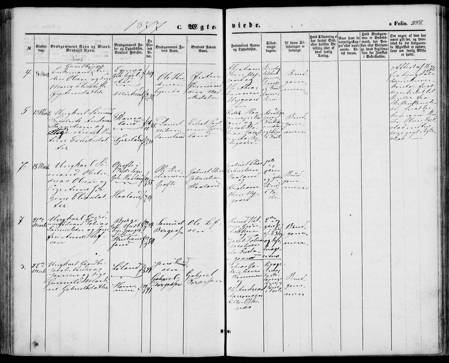 Lyngdal sokneprestkontor, AV/SAK-1111-0029/F/Fa/Fac/L0010: Parish register (official) no. A 10, 1865-1878, p. 288