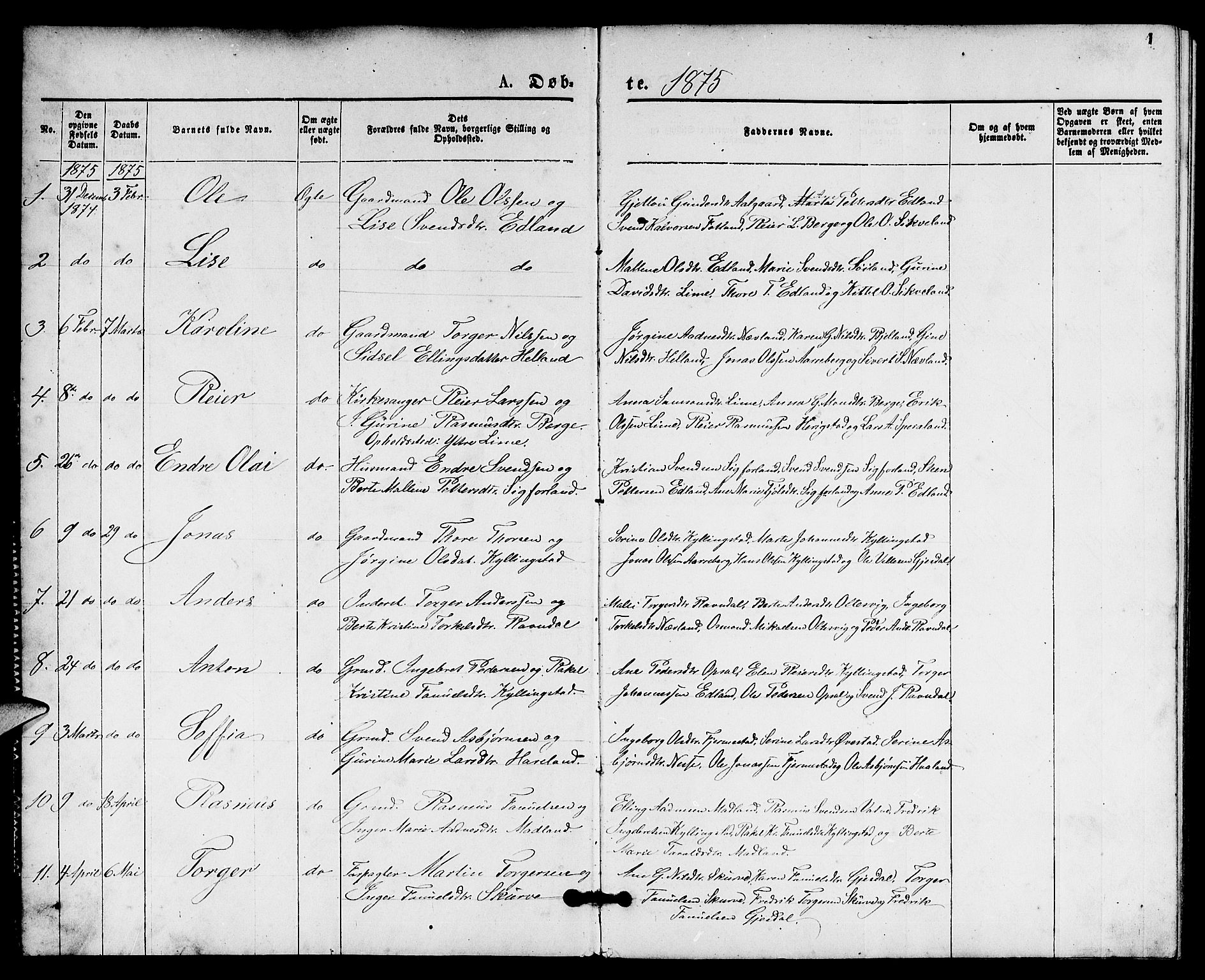 Lye sokneprestkontor, AV/SAST-A-101794/001/30BB/L0005: Parish register (copy) no. B 5, 1875-1886, p. 1