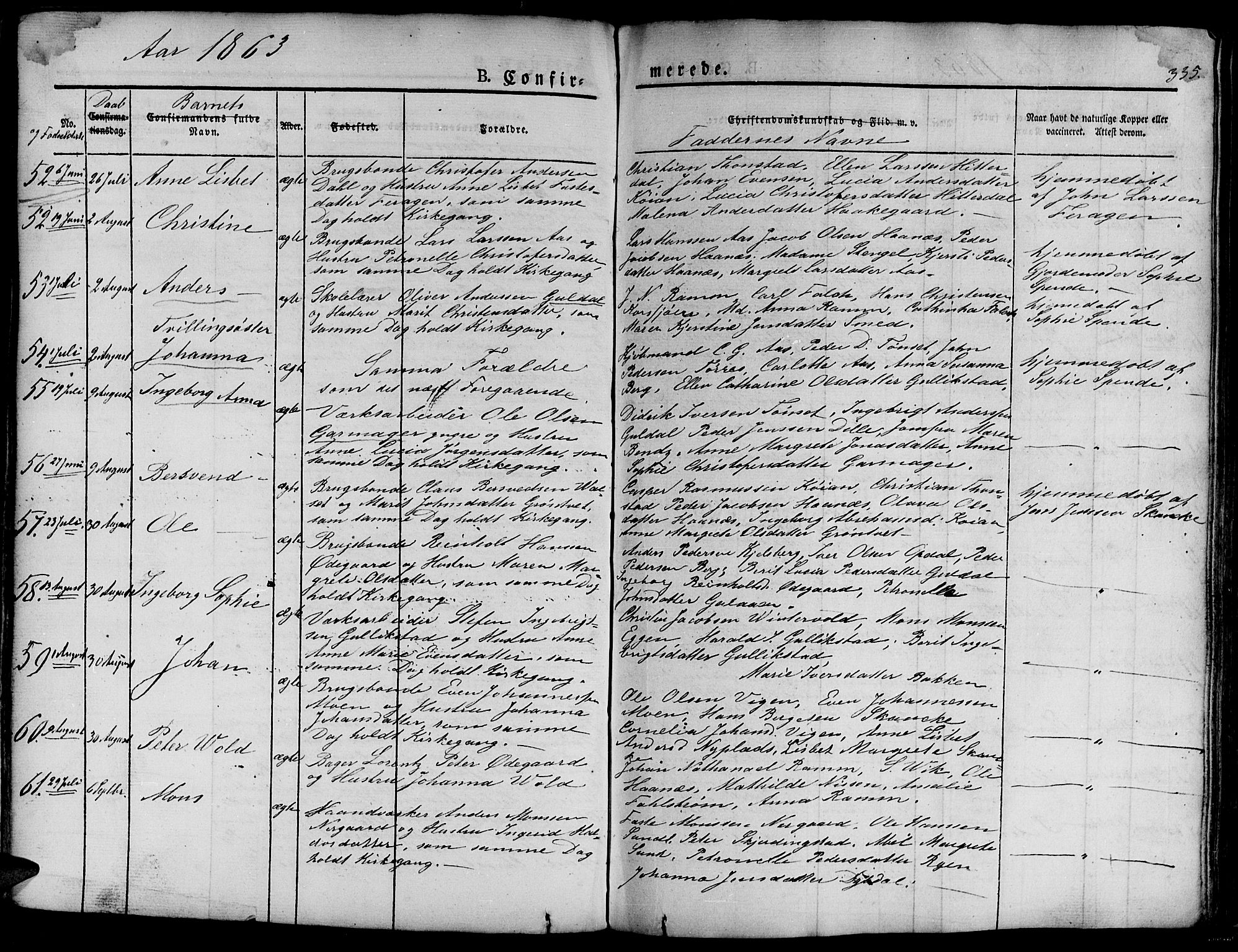 Ministerialprotokoller, klokkerbøker og fødselsregistre - Sør-Trøndelag, SAT/A-1456/681/L0938: Parish register (copy) no. 681C02, 1829-1879, p. 335