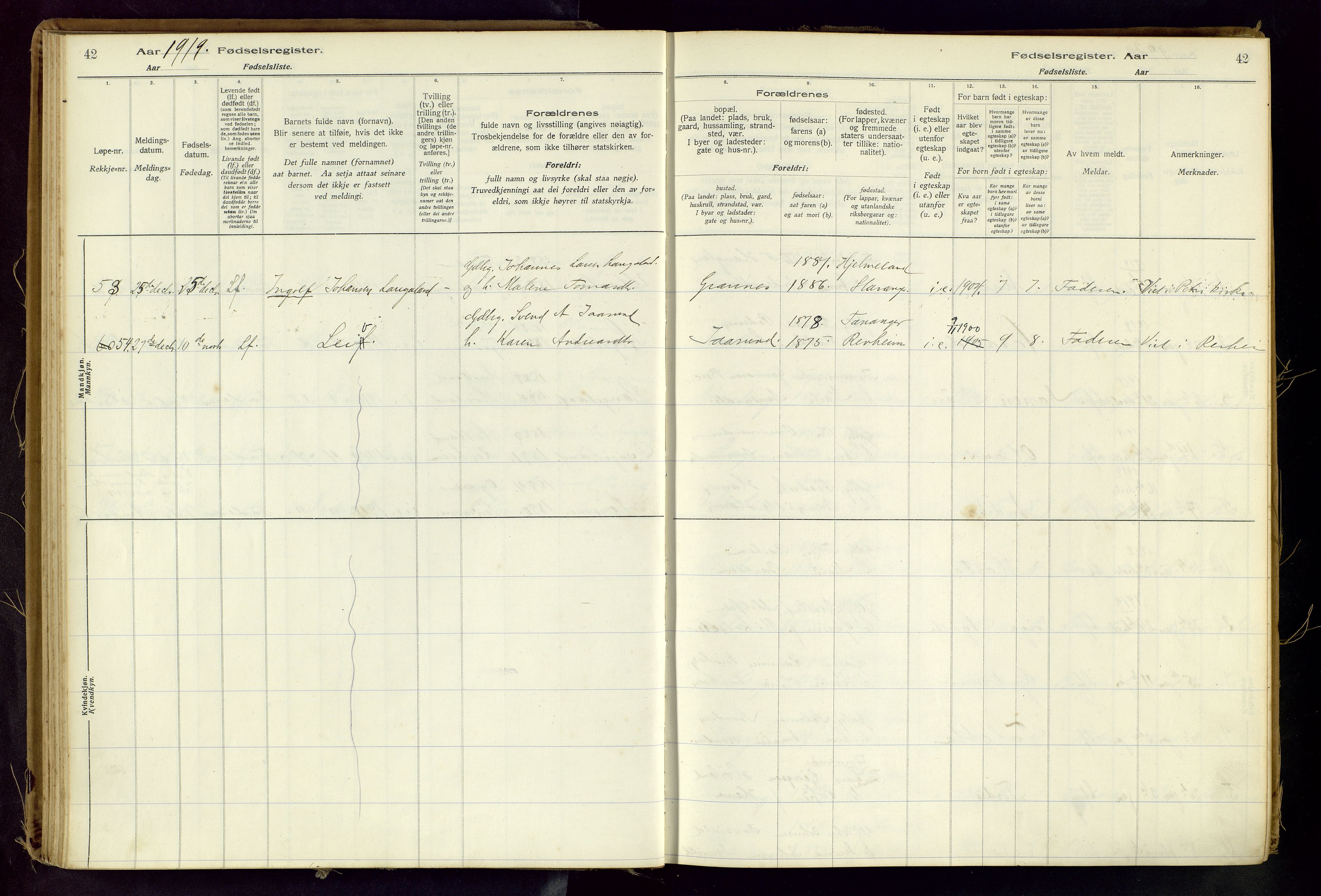 Håland sokneprestkontor, AV/SAST-A-101802/001/704BA/L0001: Birth register no. 1, 1916-1936, p. 42