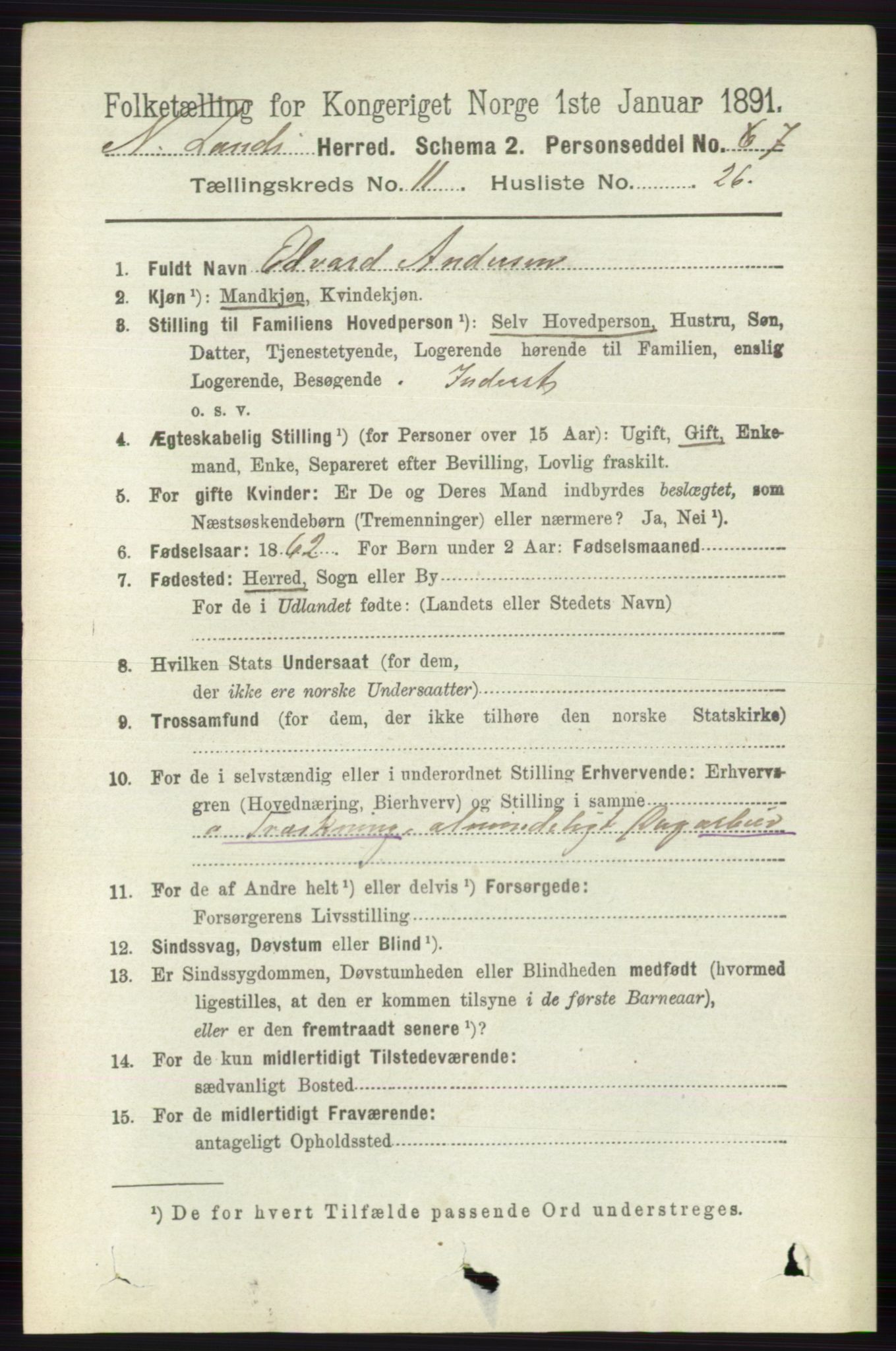 RA, 1891 census for 0538 Nordre Land, 1891, p. 3172