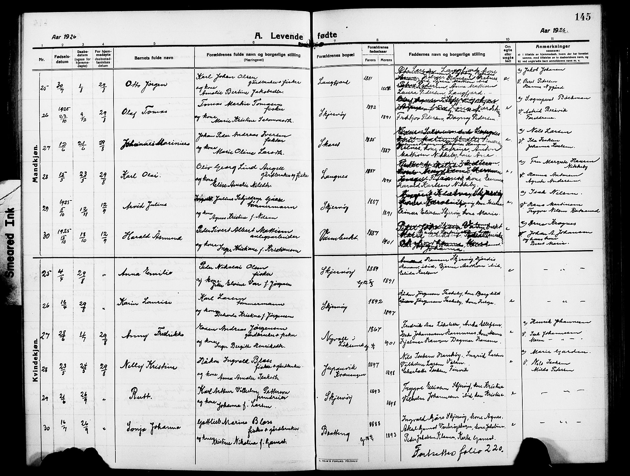 Skjervøy sokneprestkontor, AV/SATØ-S-1300/H/Ha/Hab/L0009klokker: Parish register (copy) no. 9, 1911-1926, p. 145