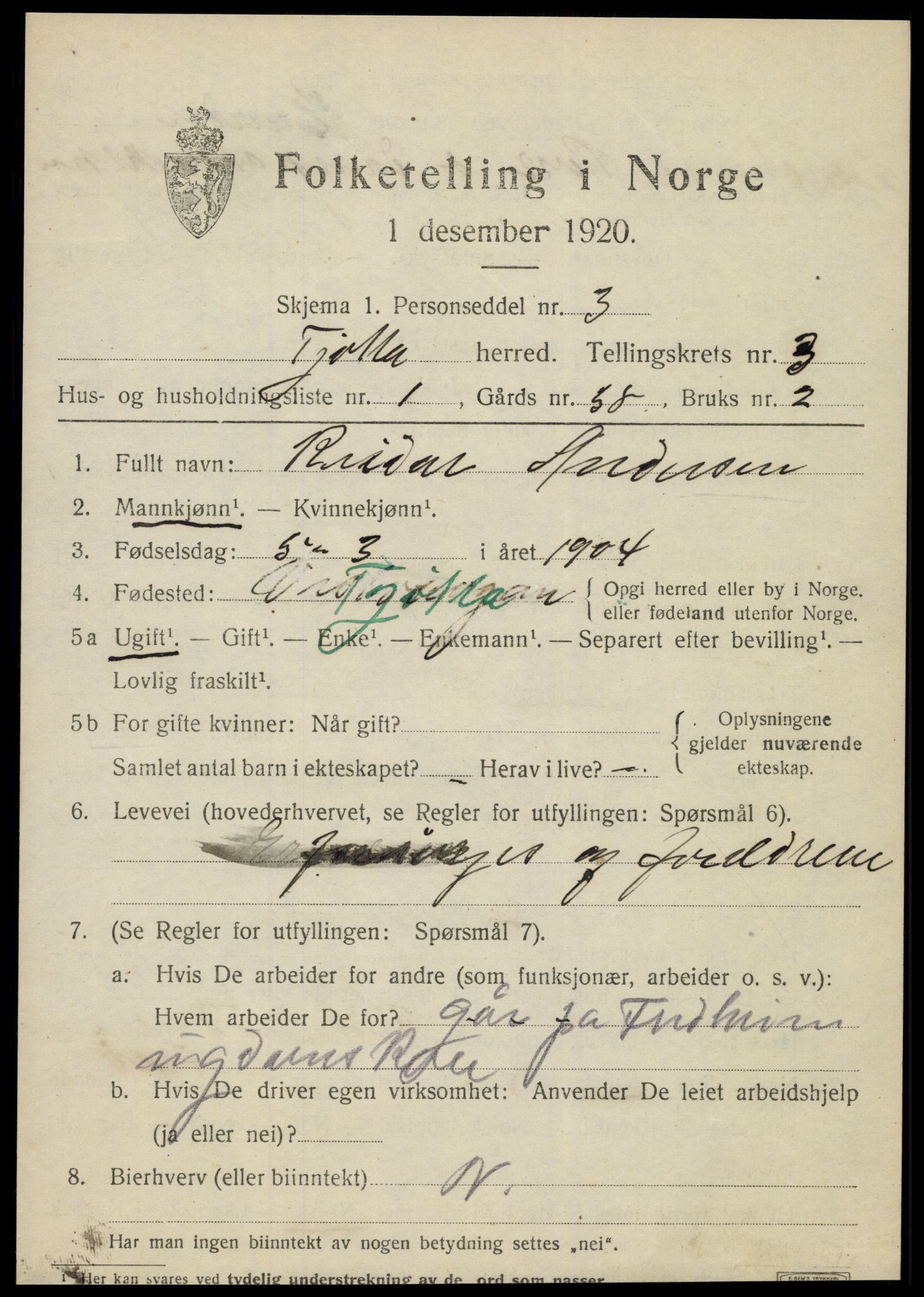 SAT, 1920 census for Tjøtta, 1920, p. 1427