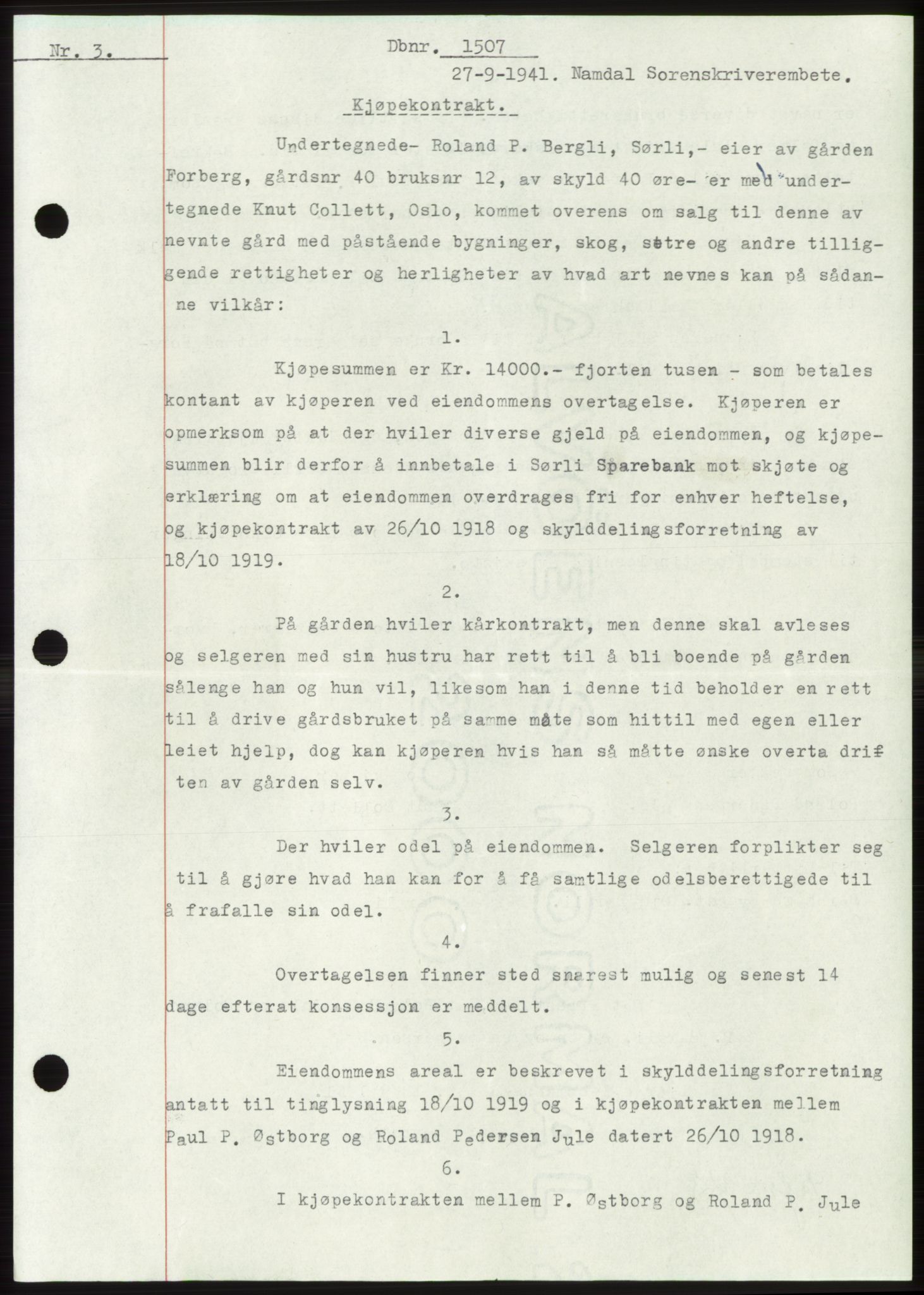 Namdal sorenskriveri, SAT/A-4133/1/2/2C: Mortgage book no. -, 1941-1942, Diary no: : 1507/1941