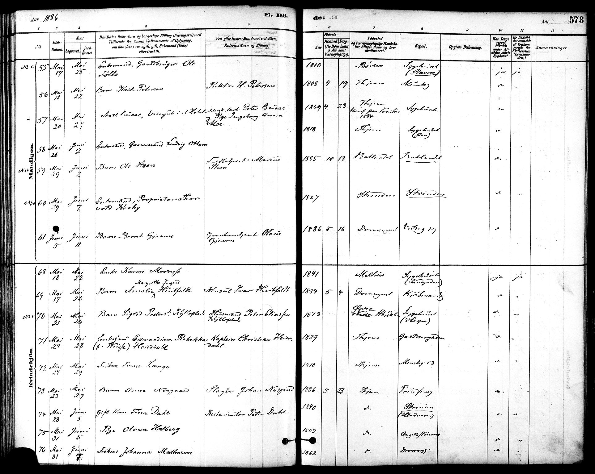 Ministerialprotokoller, klokkerbøker og fødselsregistre - Sør-Trøndelag, SAT/A-1456/601/L0058: Parish register (official) no. 601A26, 1877-1891, p. 573