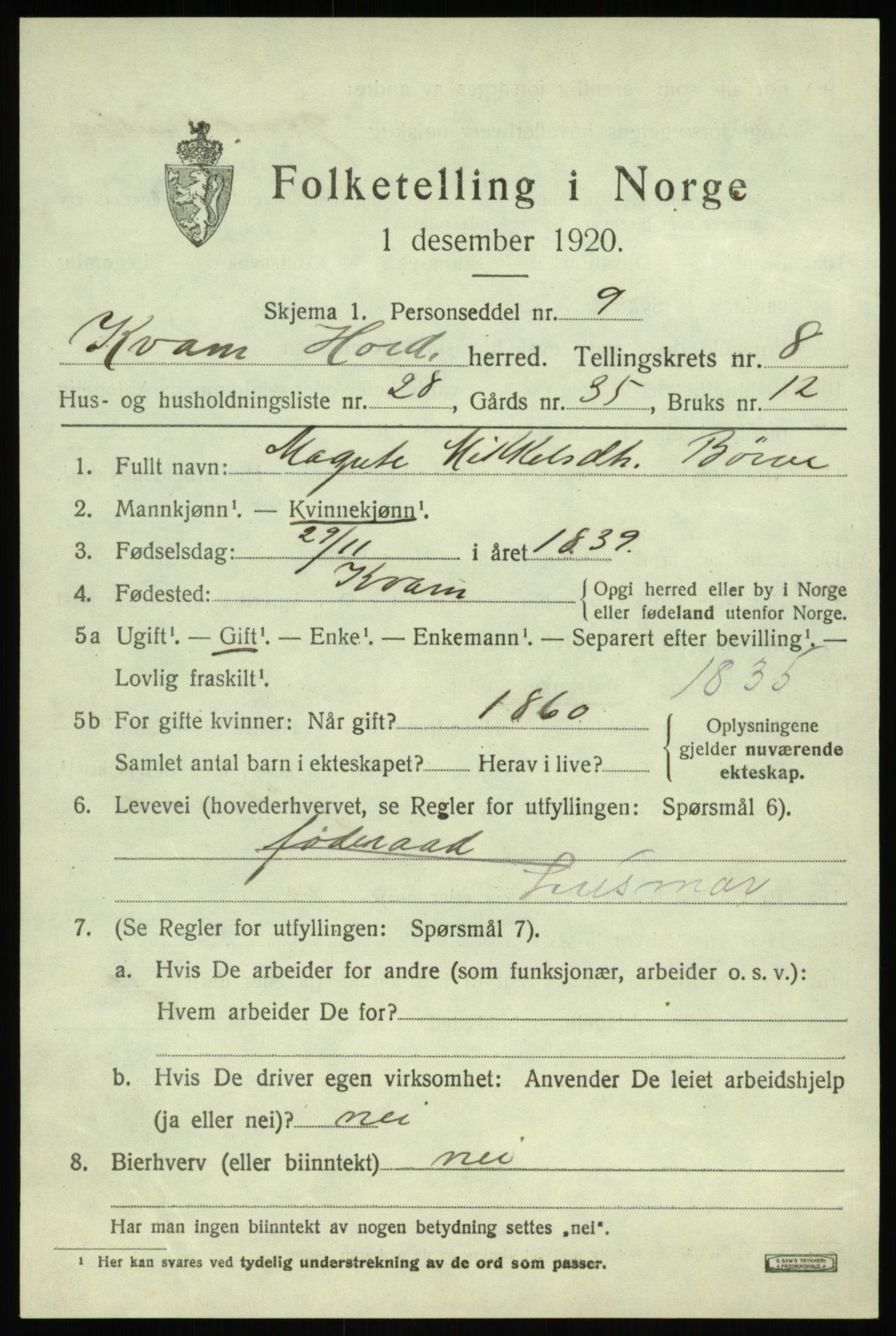 SAB, 1920 census for Kvam, 1920, p. 5409