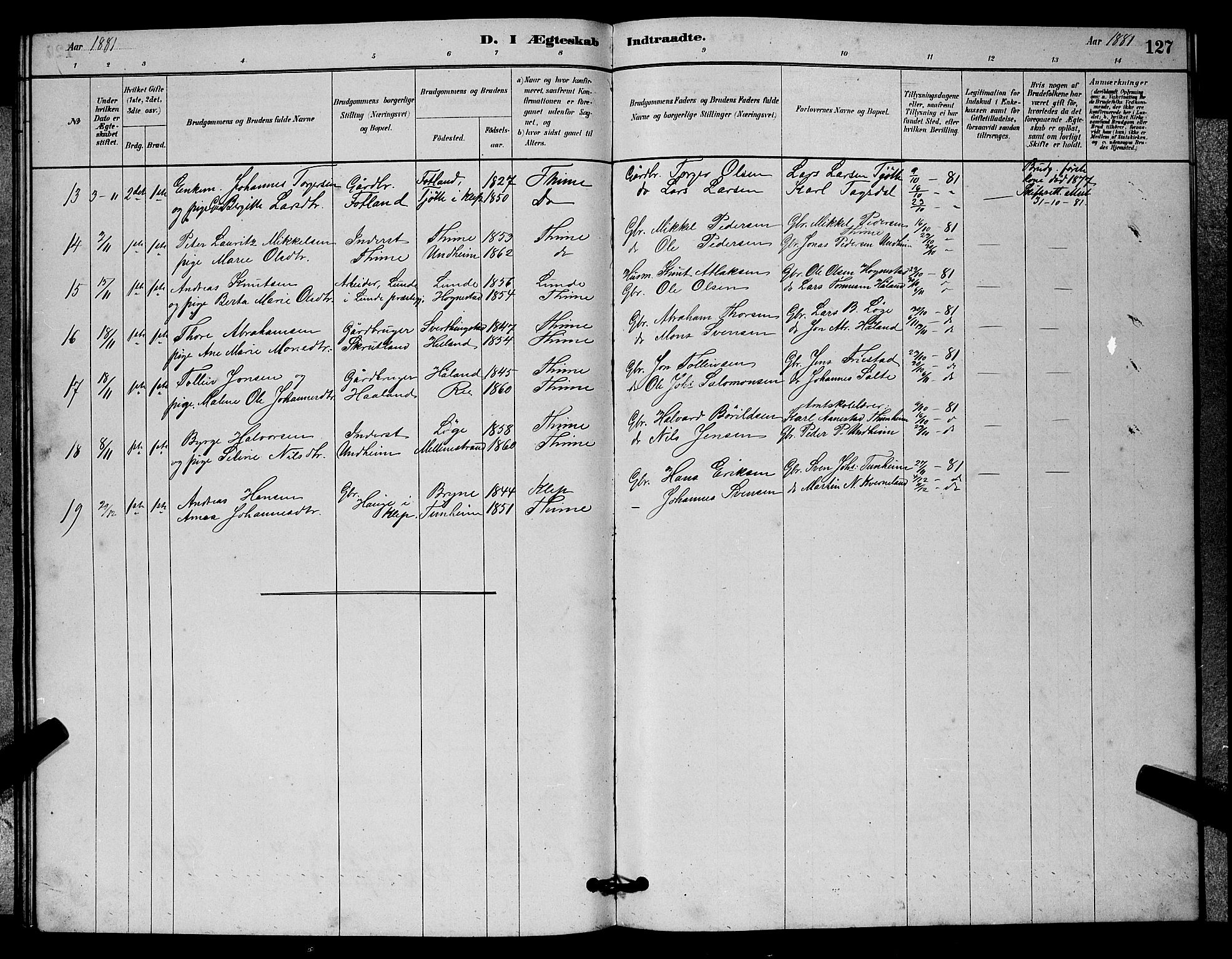 Lye sokneprestkontor, AV/SAST-A-101794/001/30BB/L0006: Parish register (copy) no. B 6, 1879-1888, p. 127