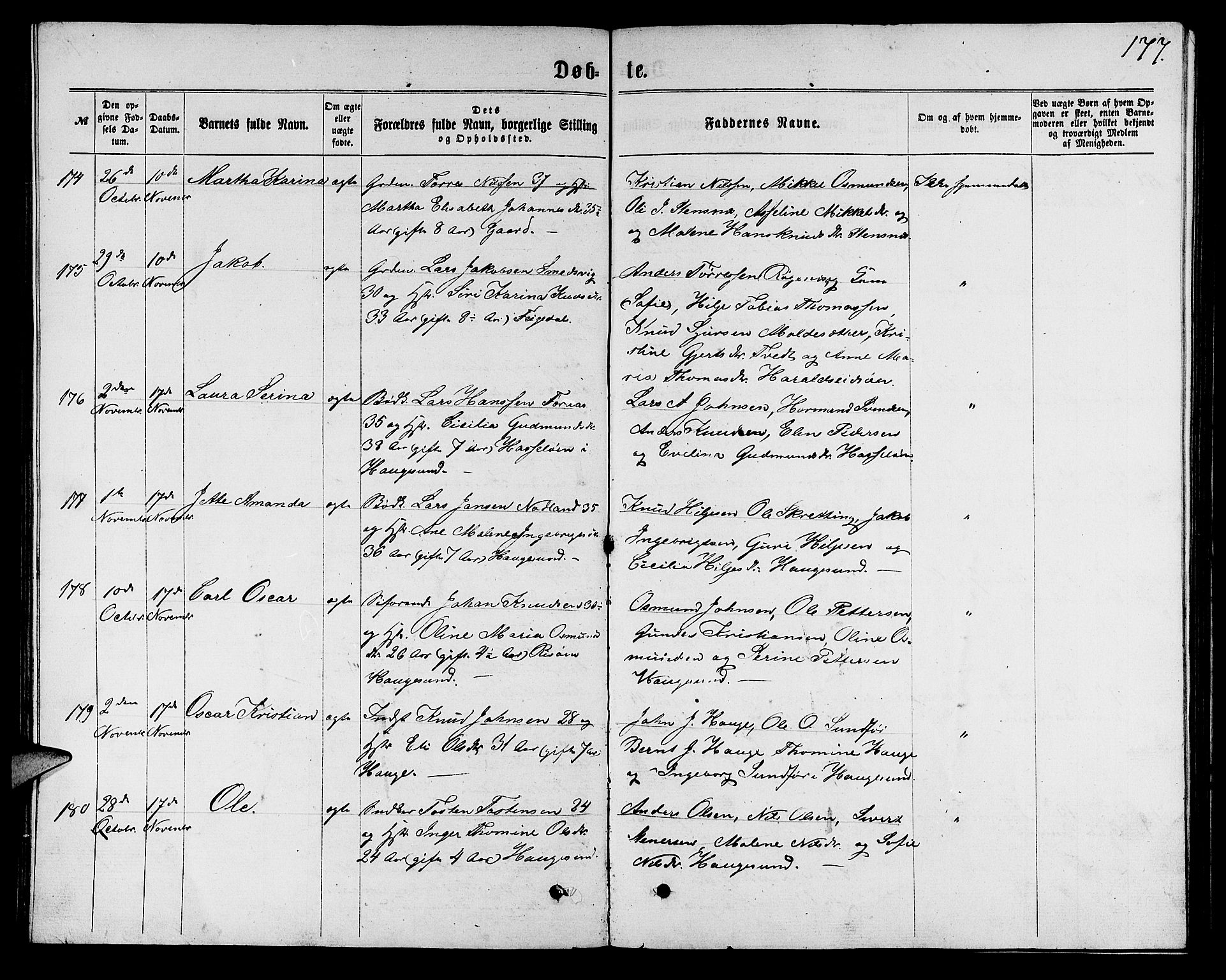 Torvastad sokneprestkontor, AV/SAST-A -101857/H/Ha/Hab/L0007: Parish register (copy) no. B 7, 1866-1873, p. 177