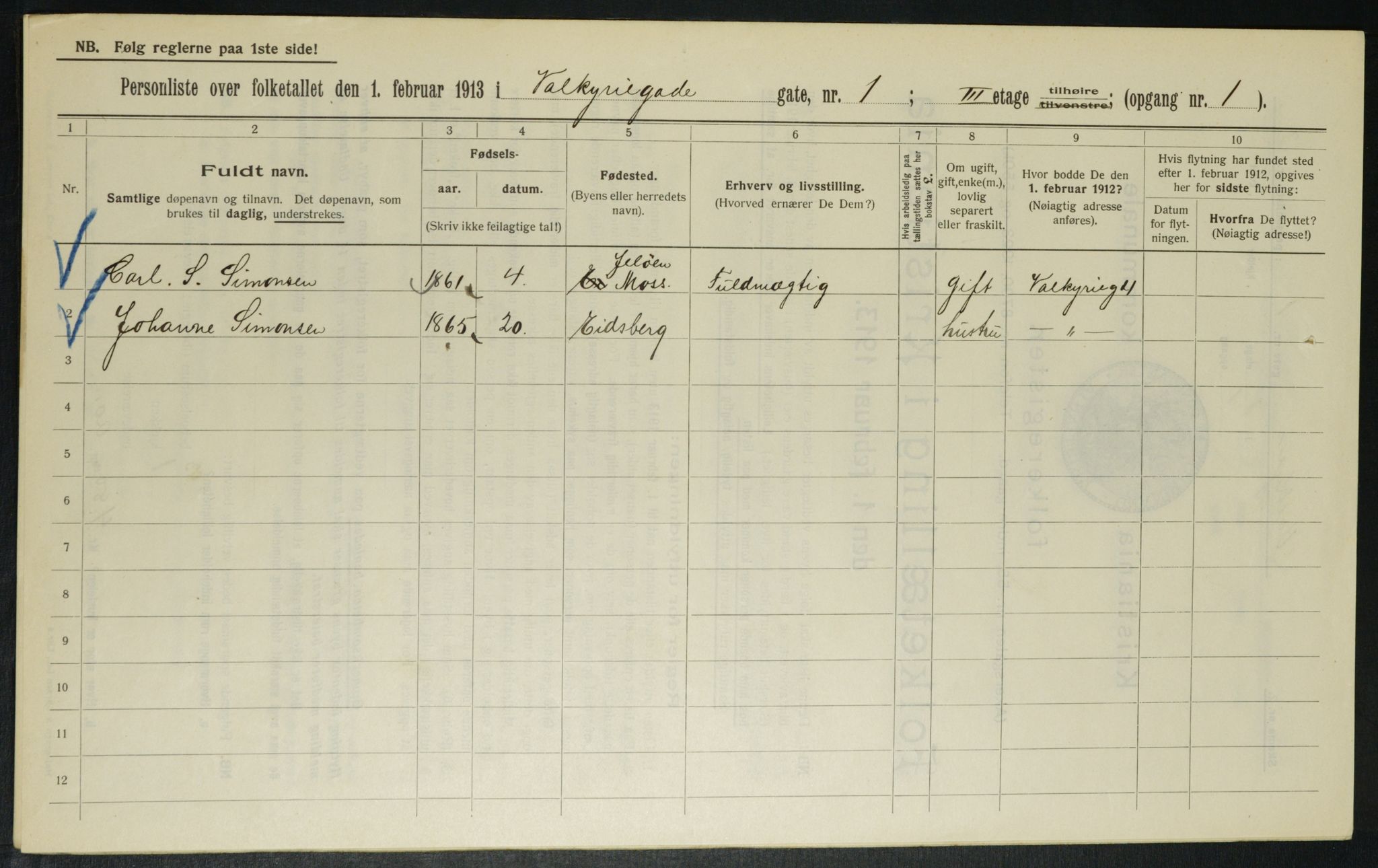 OBA, Municipal Census 1913 for Kristiania, 1913, p. 121512