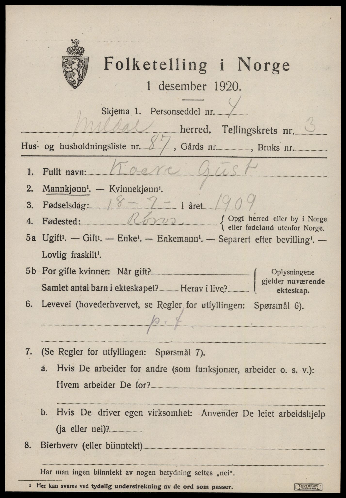 SAT, 1920 census for Meldal, 1920, p. 3625