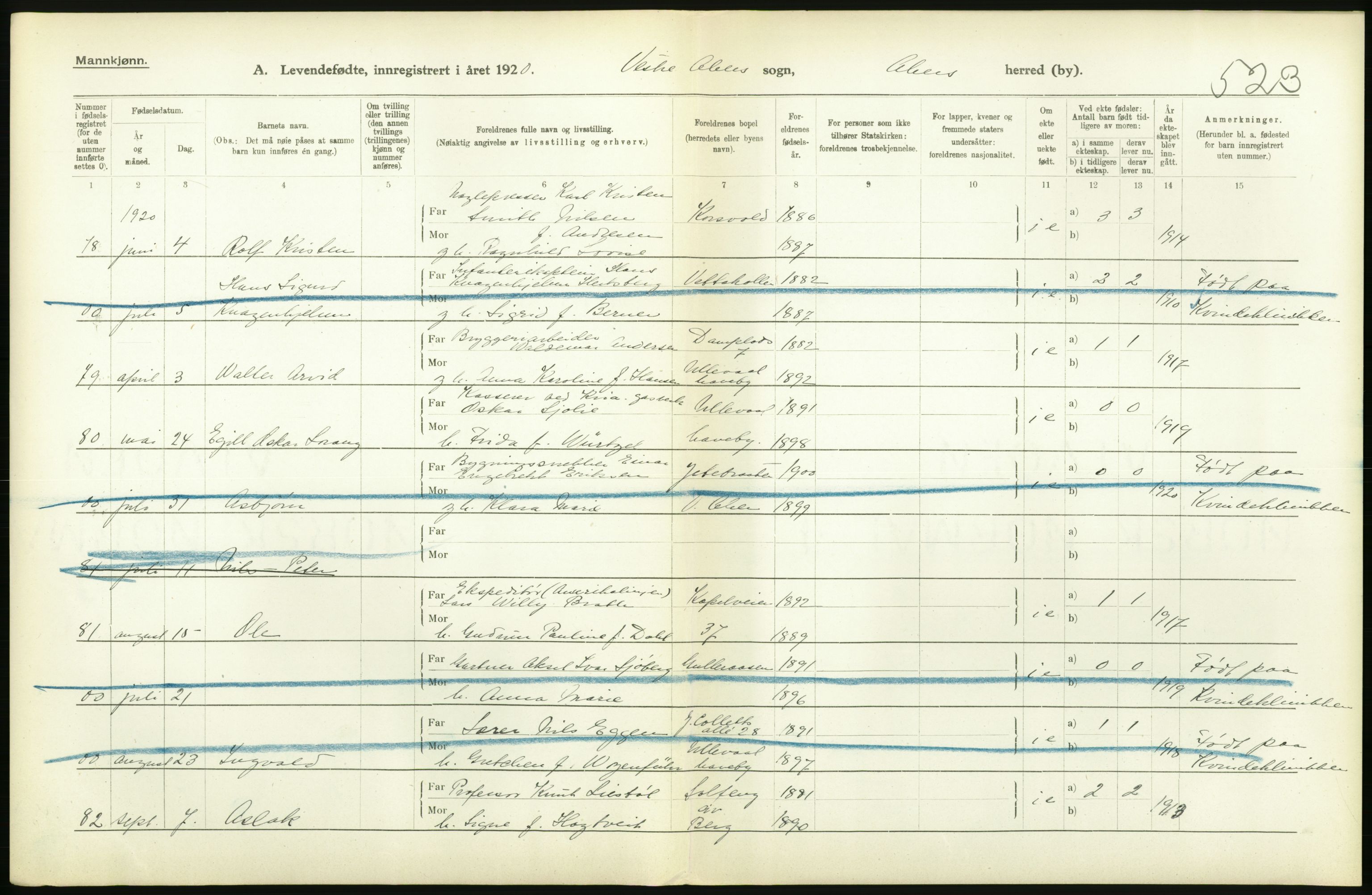 Statistisk sentralbyrå, Sosiodemografiske emner, Befolkning, RA/S-2228/D/Df/Dfb/Dfbj/L0004: Akershus fylke: Levendefødte menn og kvinner. Bygder., 1920, p. 182