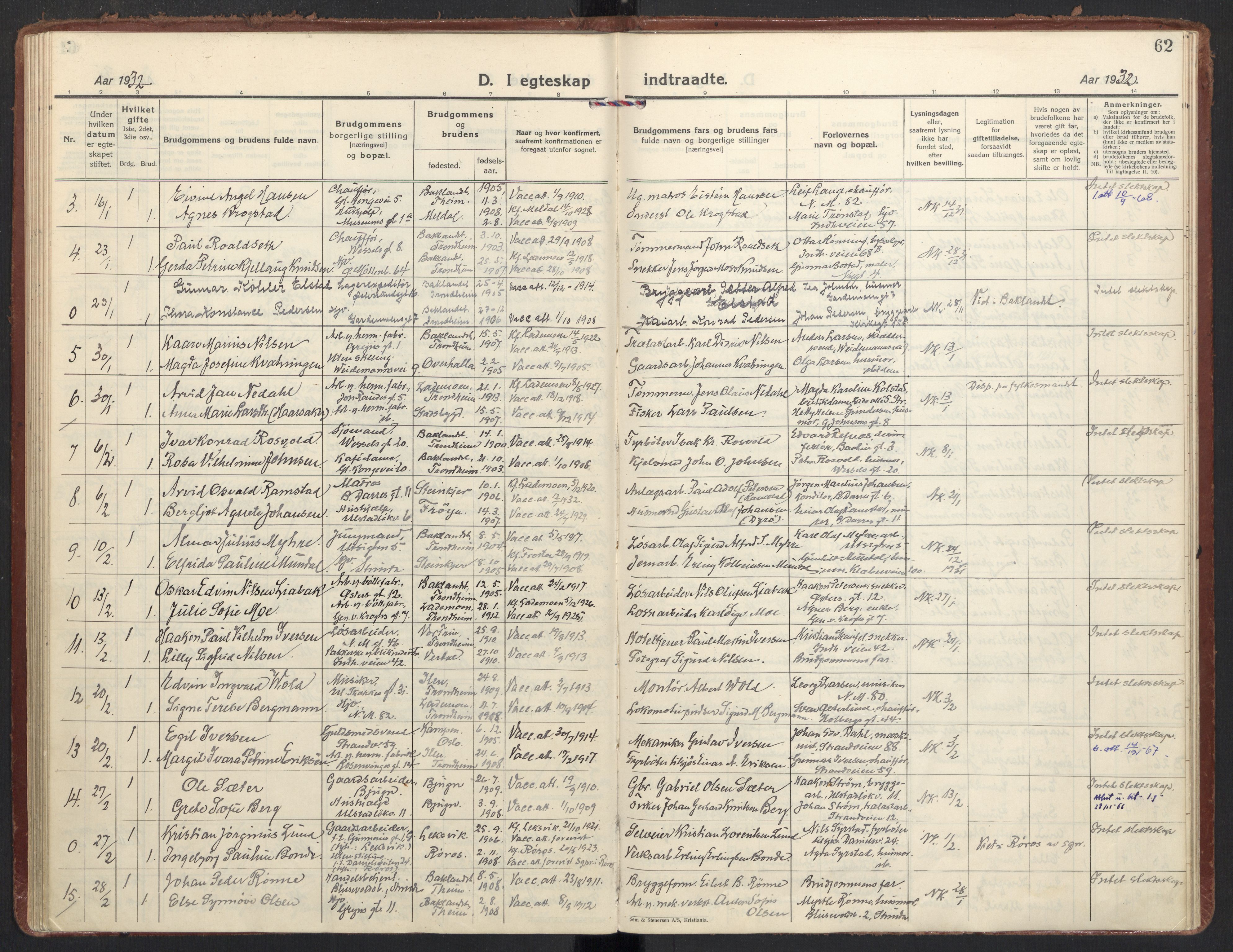 Ministerialprotokoller, klokkerbøker og fødselsregistre - Sør-Trøndelag, SAT/A-1456/605/L0249: Parish register (official) no. 605A11, 1925-1936, p. 62