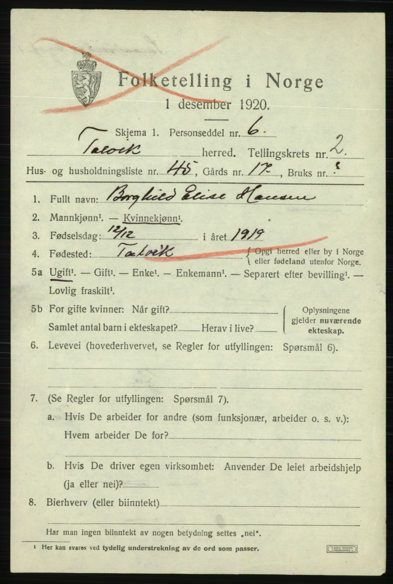 SATØ, 1920 census for Talvik, 1920, p. 2182