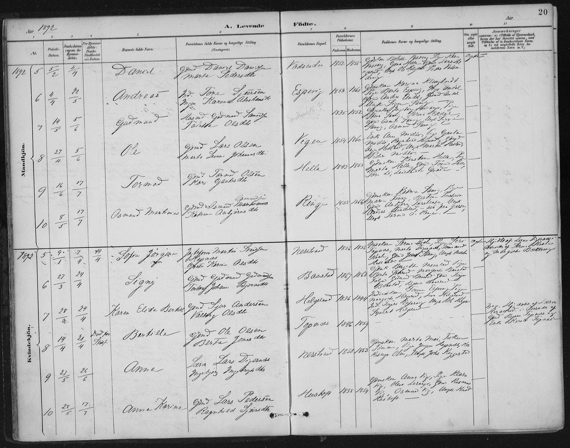 Nedstrand sokneprestkontor, SAST/A-101841/01/IV: Parish register (official) no. A 12, 1887-1915, p. 20