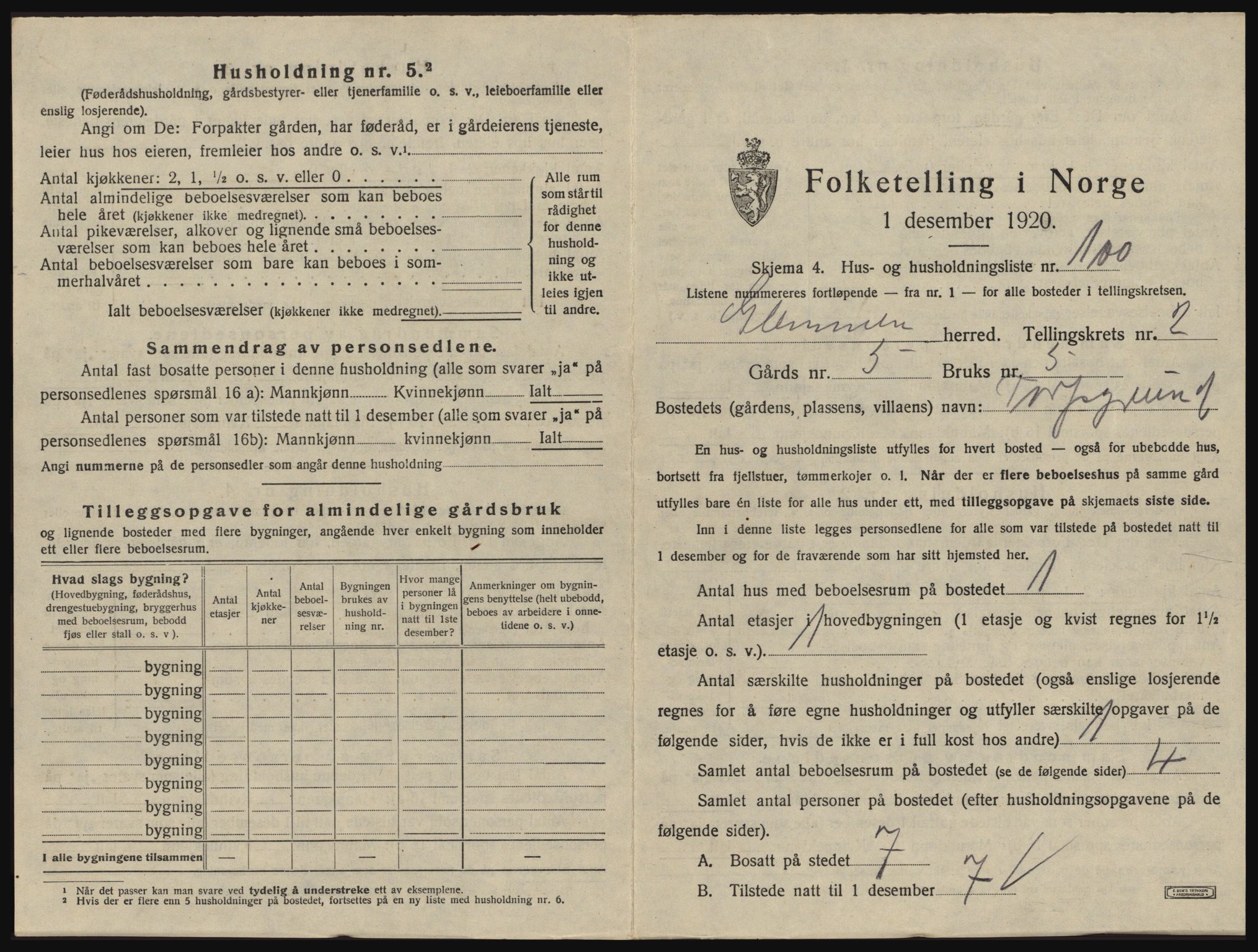 SAO, 1920 census for Glemmen, 1920, p. 399