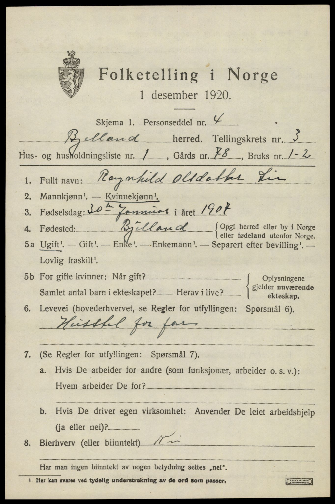 SAK, 1920 census for Bjelland, 1920, p. 959