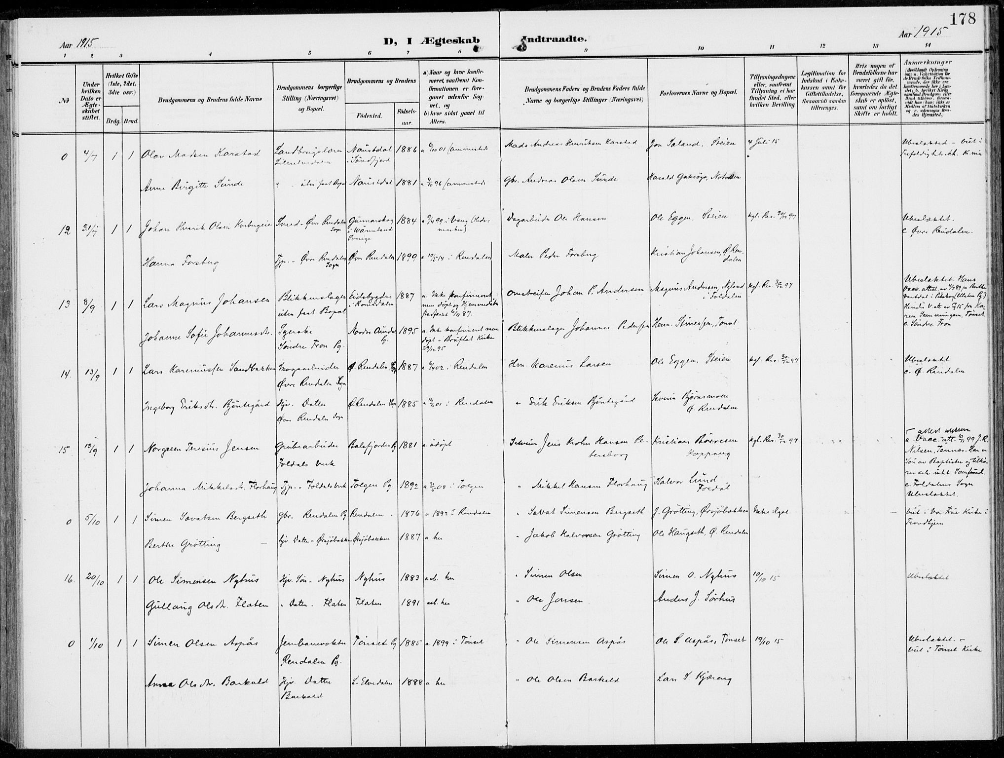 Alvdal prestekontor, SAH/PREST-060/H/Ha/Haa/L0004: Parish register (official) no. 4, 1907-1919, p. 178