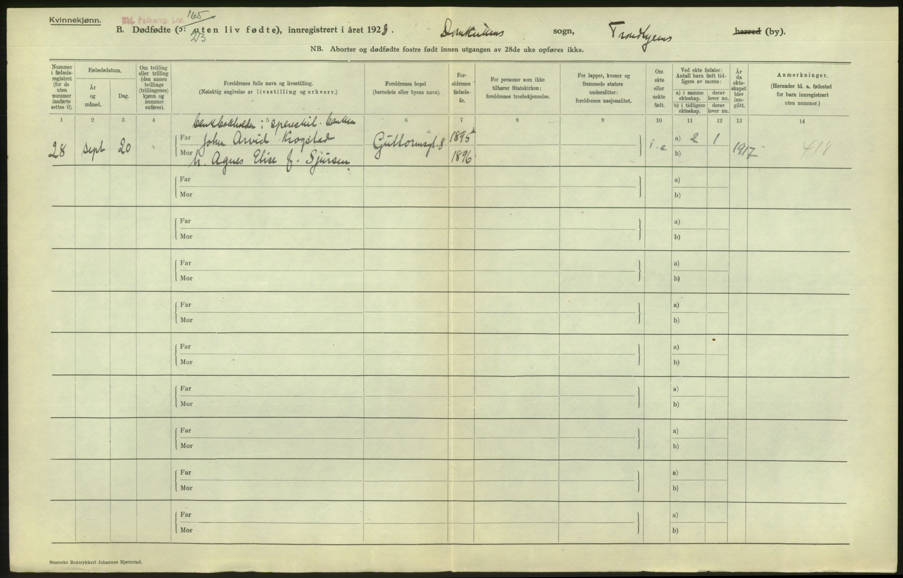 Statistisk sentralbyrå, Sosiodemografiske emner, Befolkning, AV/RA-S-2228/D/Df/Dfc/Dfcc/L0038: Trondheim: Levendefødte menn og kvinner, gifte, døde, dødfødte., 1923, p. 906