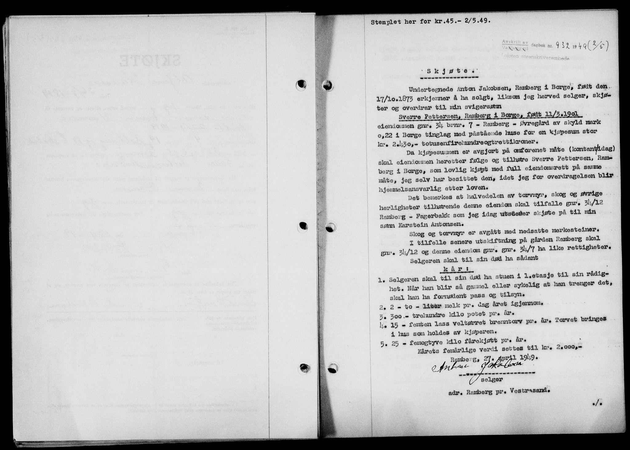 Lofoten sorenskriveri, SAT/A-0017/1/2/2C/L0020a: Mortgage book no. 20a, 1948-1949, Diary no: : 932/1949