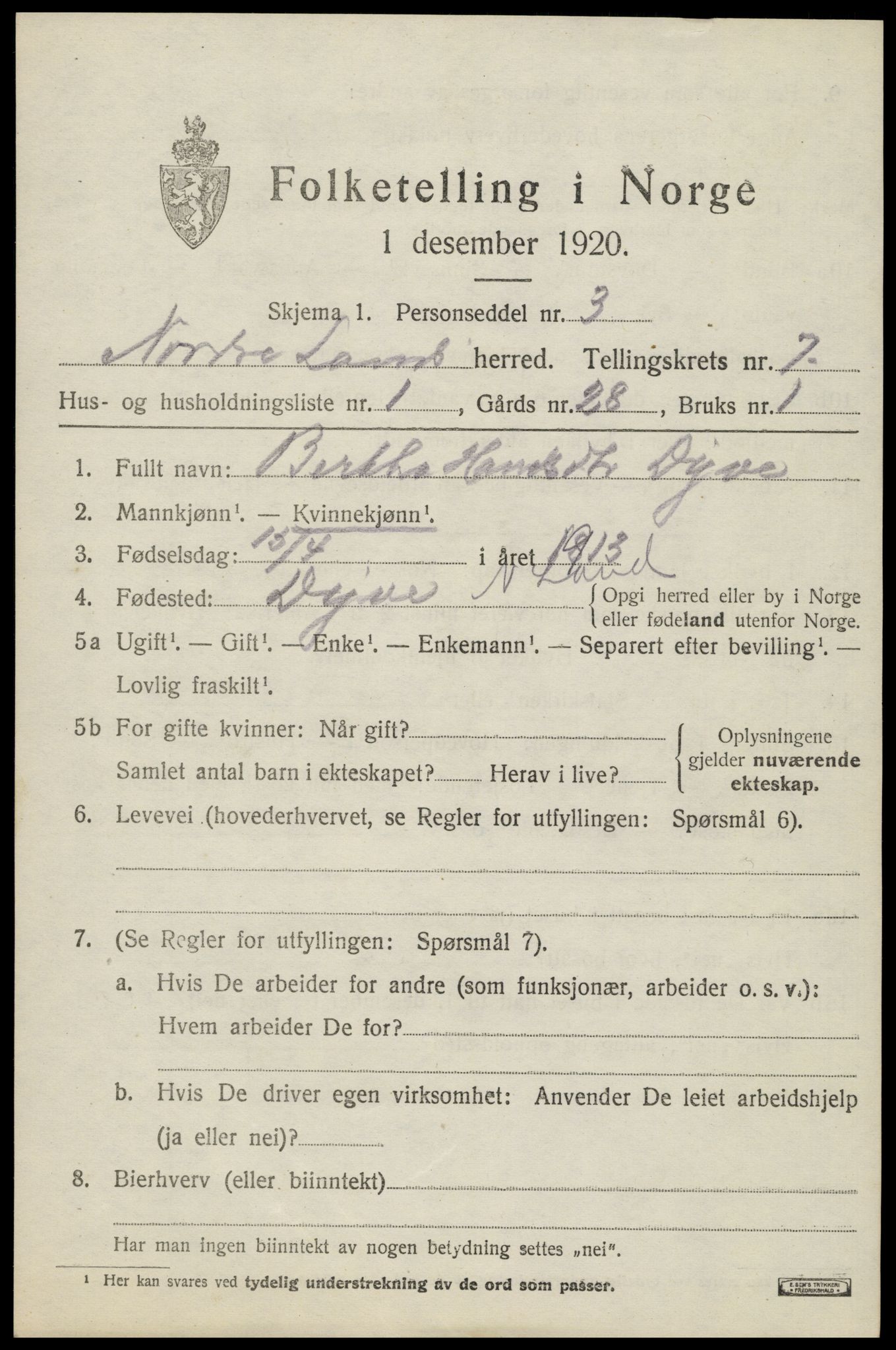 SAH, 1920 census for Nordre Land, 1920, p. 4508