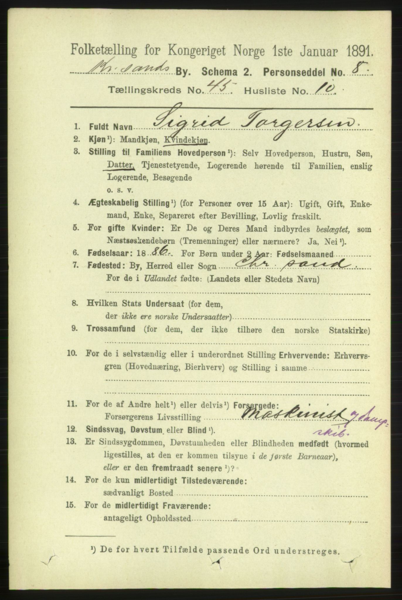 RA, 1891 census for 1001 Kristiansand, 1891, p. 13996